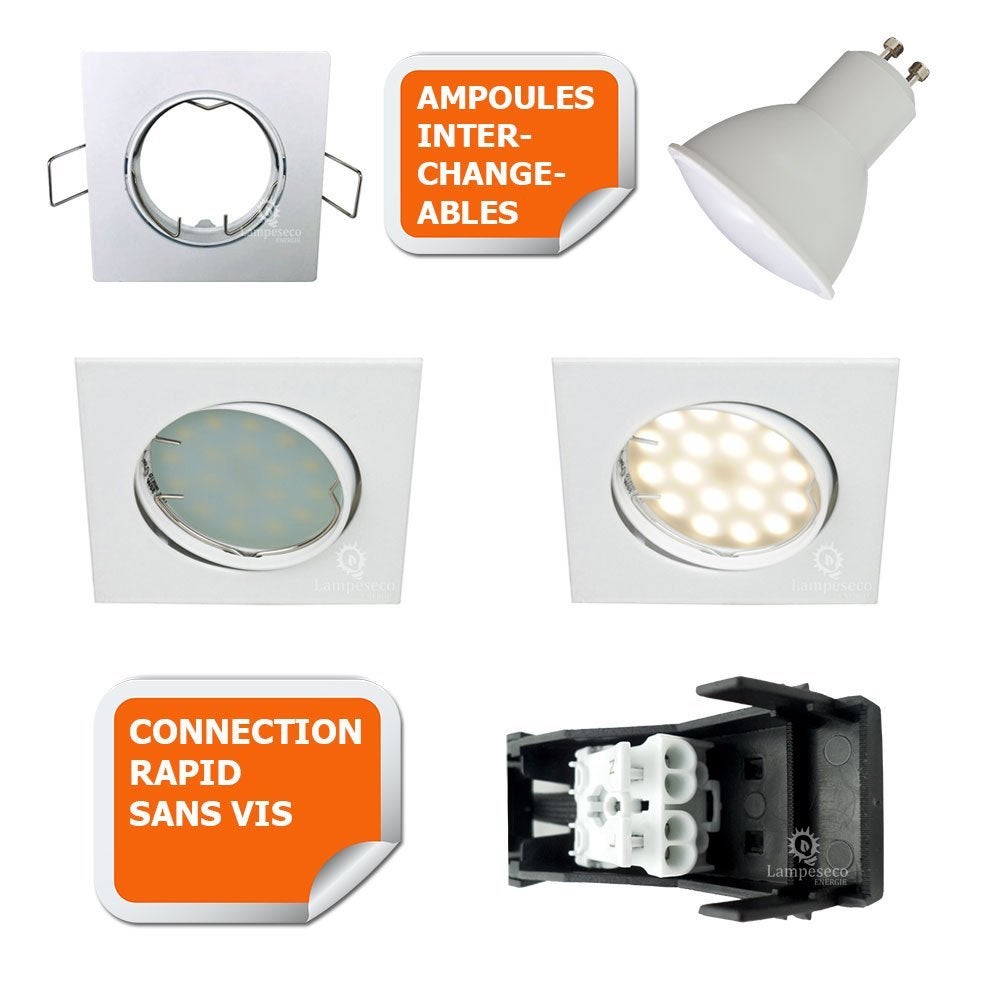Lot de 30 Spot encastrable orientable LED carré GU10 230V équivalent 50W blanc neutre - 2