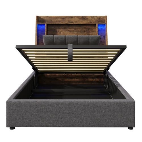 Łóżko tapicerowane 90x200 cm, łóżko pojedyncze z oświetleniem LED i portem USB typu C, len, kolor szary - 5
