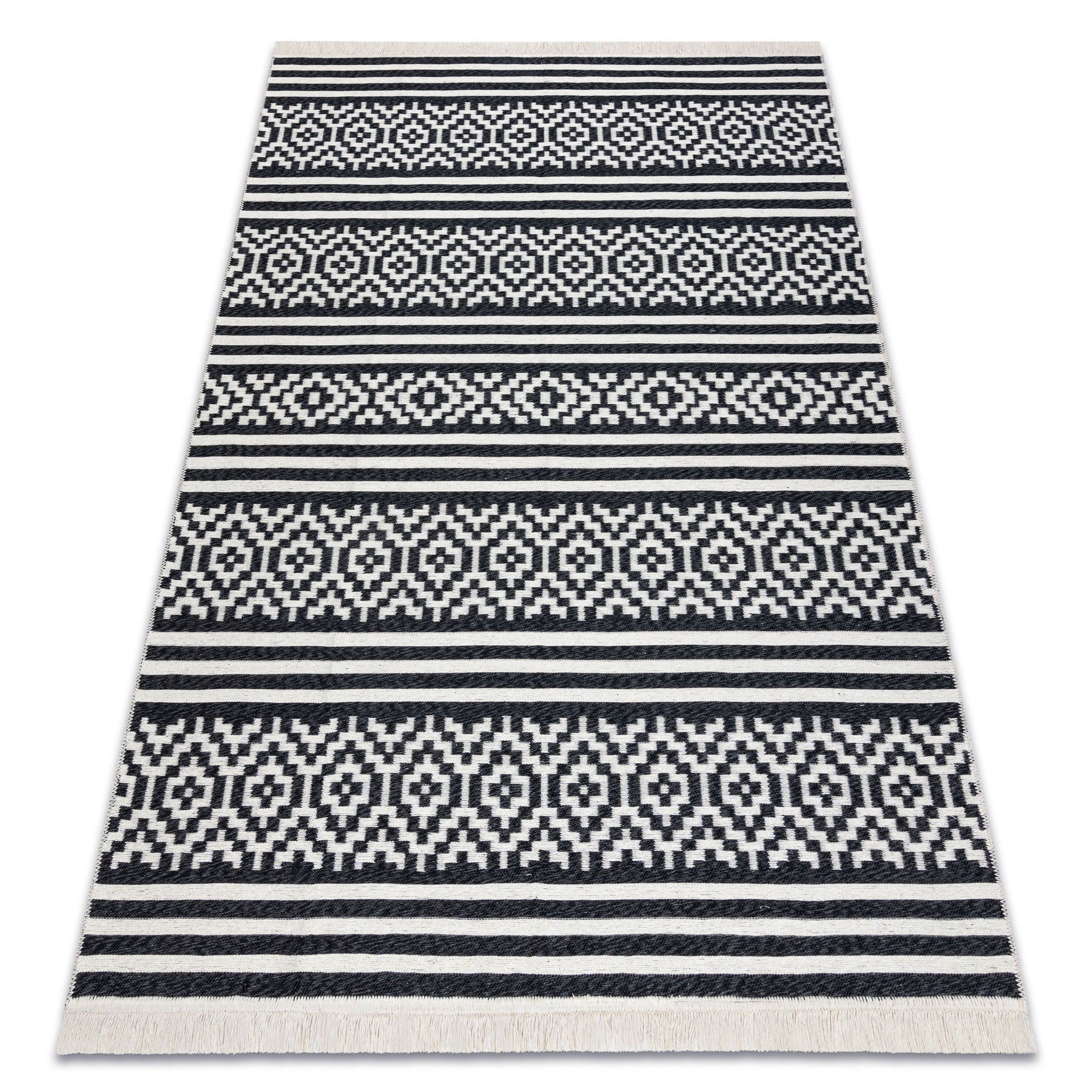 Dywan TWIN 22996 Geometryczny, pasy bawełna, dwustronny Ekologiczny frędzle - czarny / krem 180x270 cm - 3