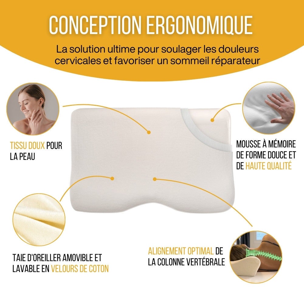 Oreiller Ergonomique Cervical en Mousse à Mémoire - taie d'oreiller en coton - 54x33x12 - CONFORT PLUS - 2
