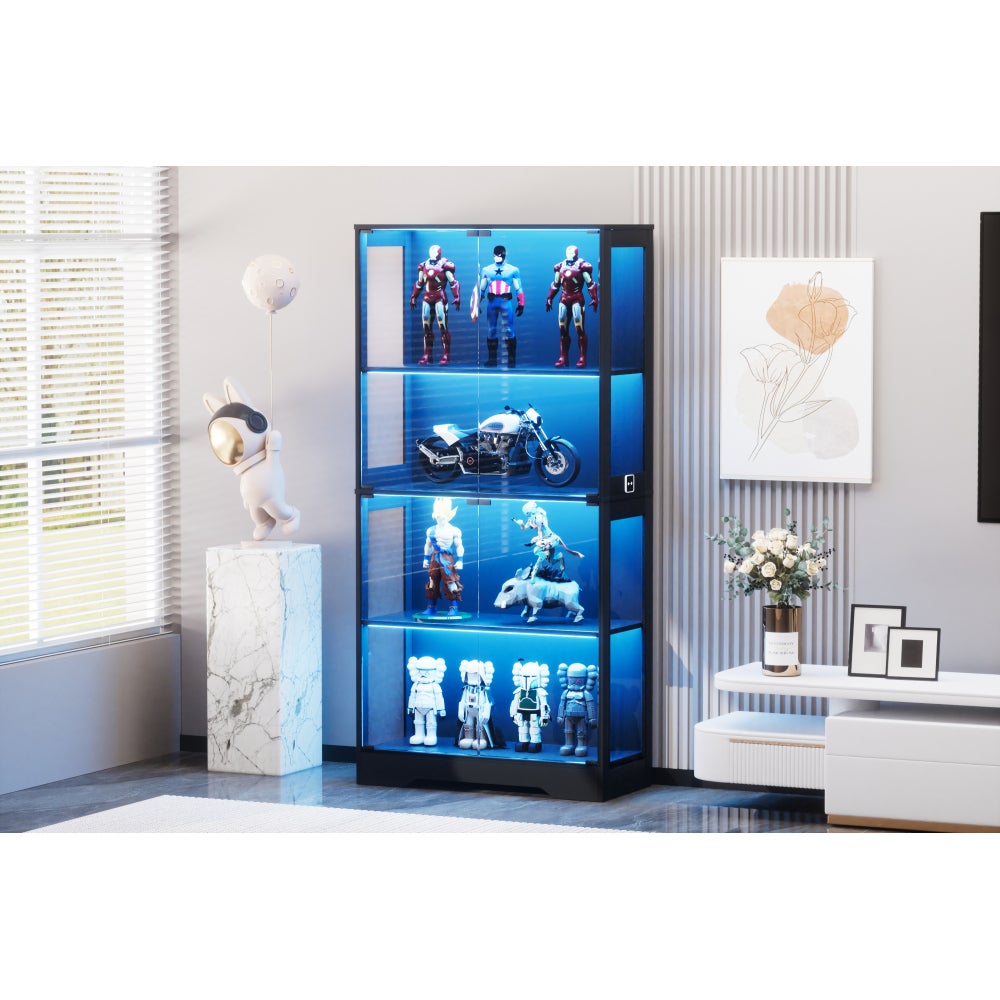 Vitrina de vidrio negra: 4 estantes, LED, sensor, a prueba de polvo ...