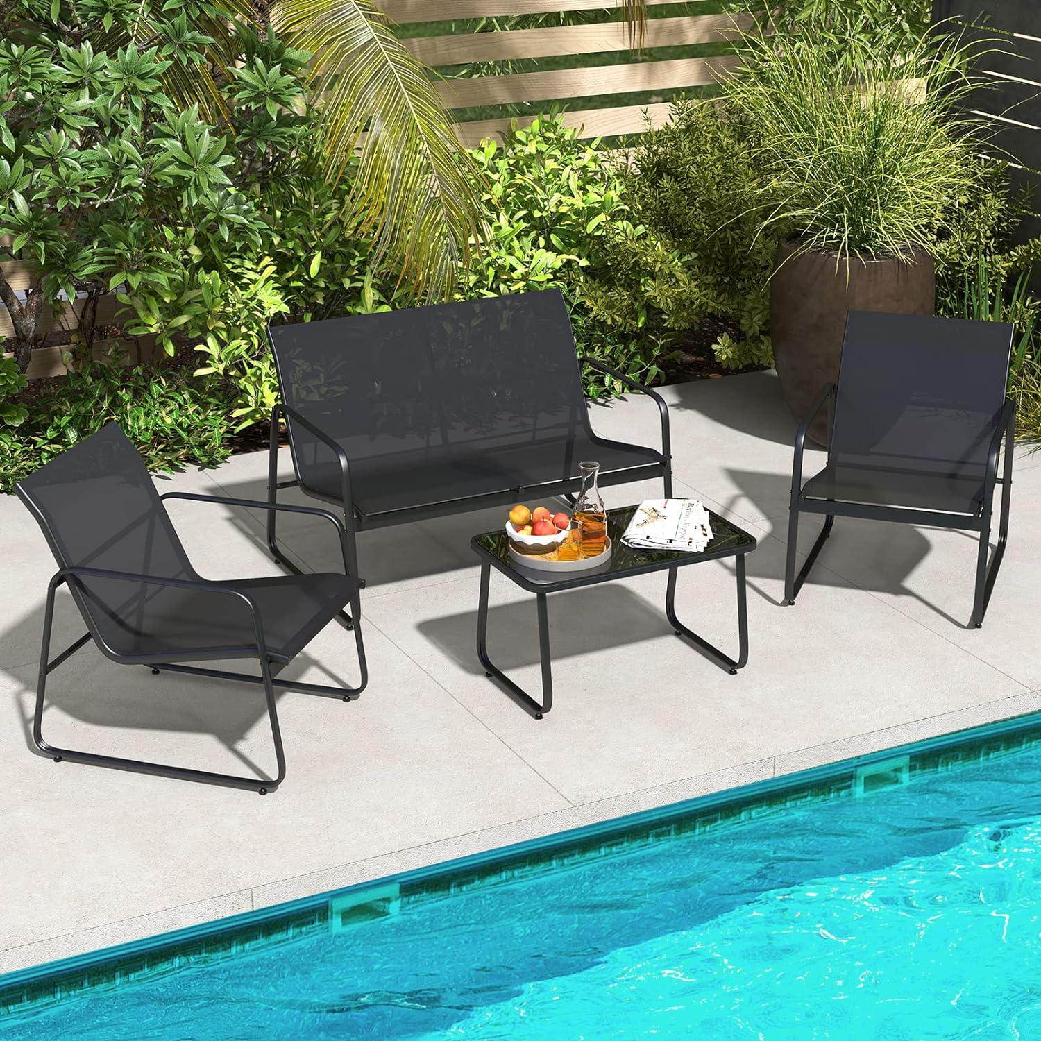 Salon de Jardin 4 Pièces avec 2 Chaises Table en Verre Trempé et Causeuse, Cadre Métallique, pour Porche Bord de Piscine Balcon, Noir - 2