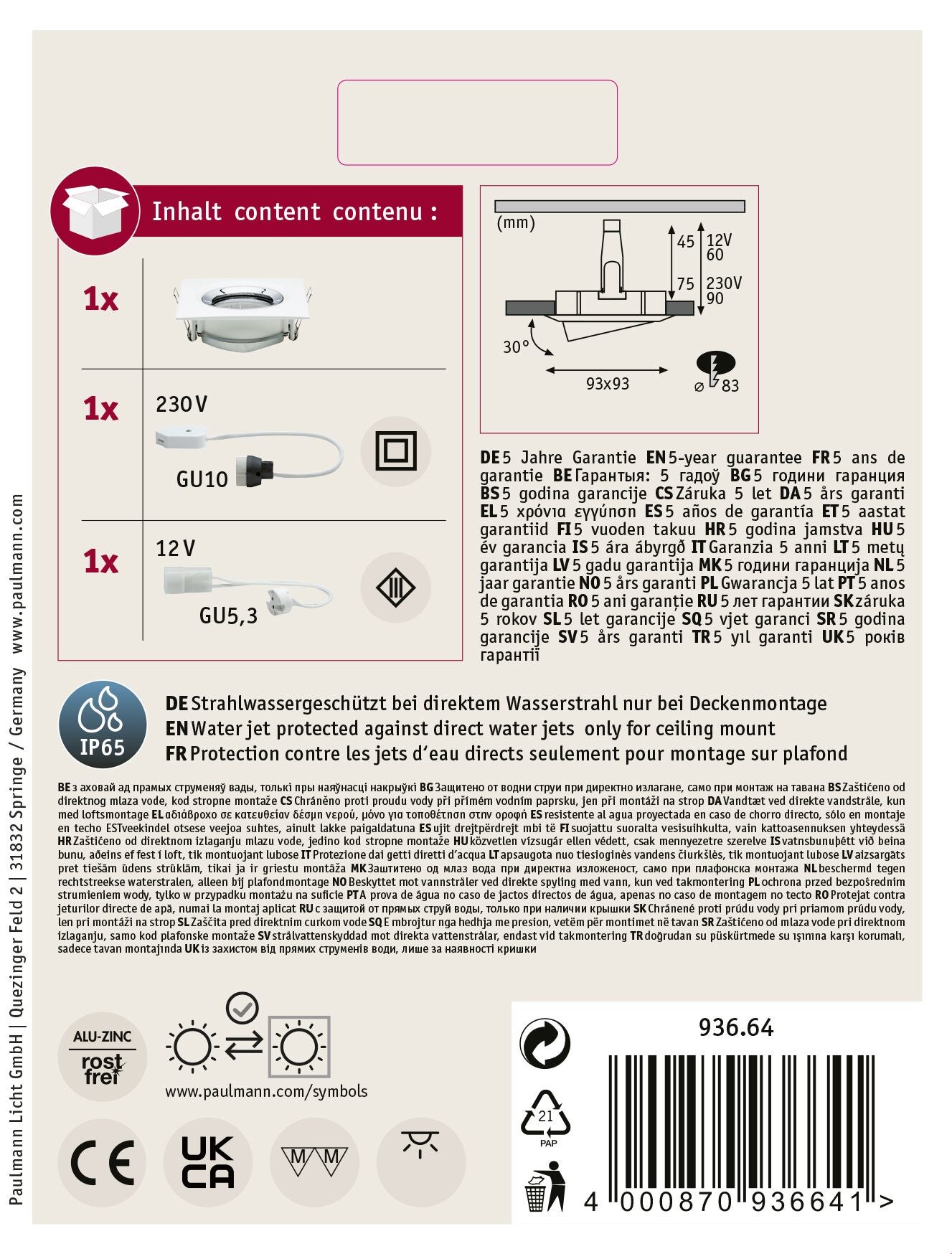 Spot encastré Nova Plus orientable IP65 carré 93x93mm 30° GU5,3 / GU10 max. 35W 230/12V gradable Blanc dépoli Chrome - 10