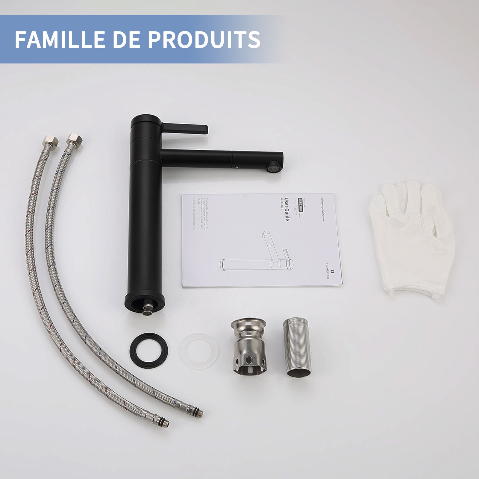 Mitigeur de Lavabo Noir Haut Bec Robinet de Salle de Bain Pivotant 360° Robinetterie de Lavabo pour Vasque en Acier Inox - 9