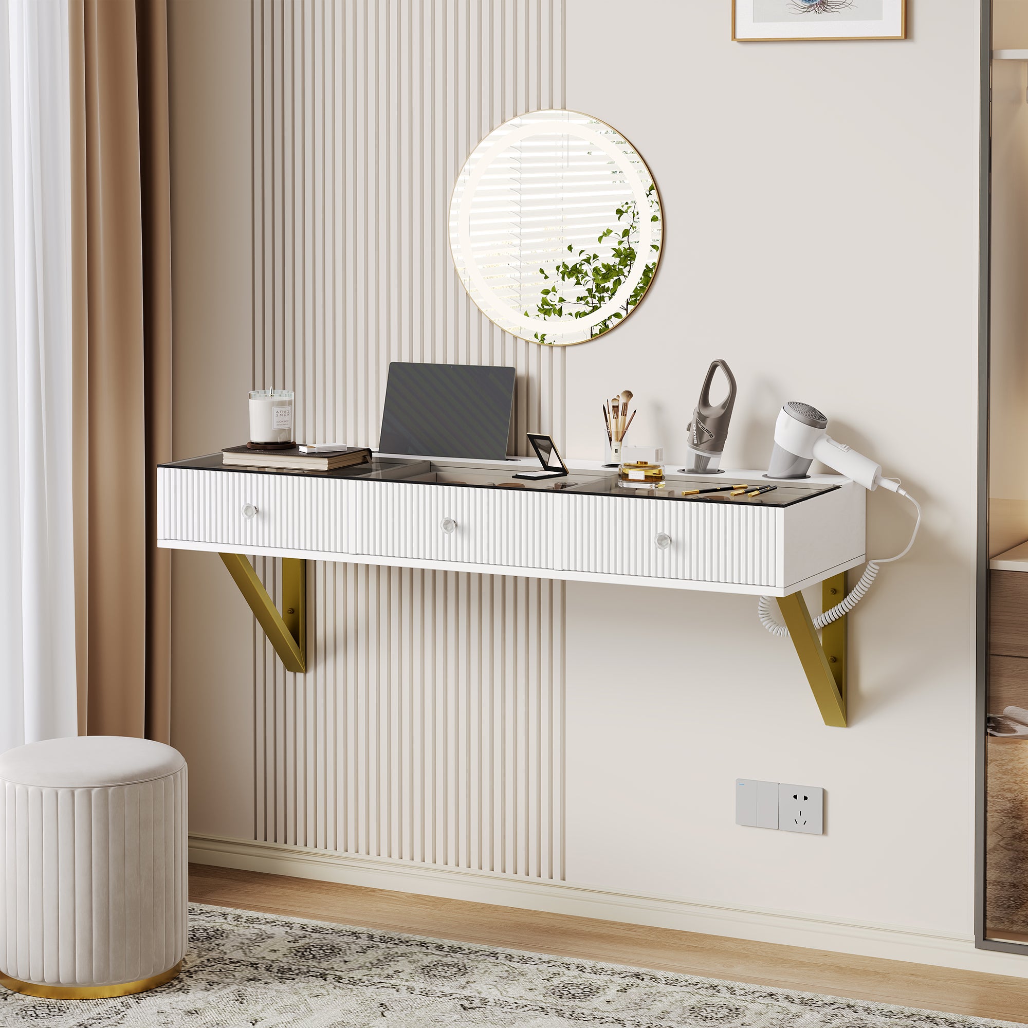 Coiffeuse murale avec 3 tiroirs - MDF + panneau de particules + plateau en verre - 120 x 40 x 45 cm - Blanc (sans tabouret et miroir) - 3