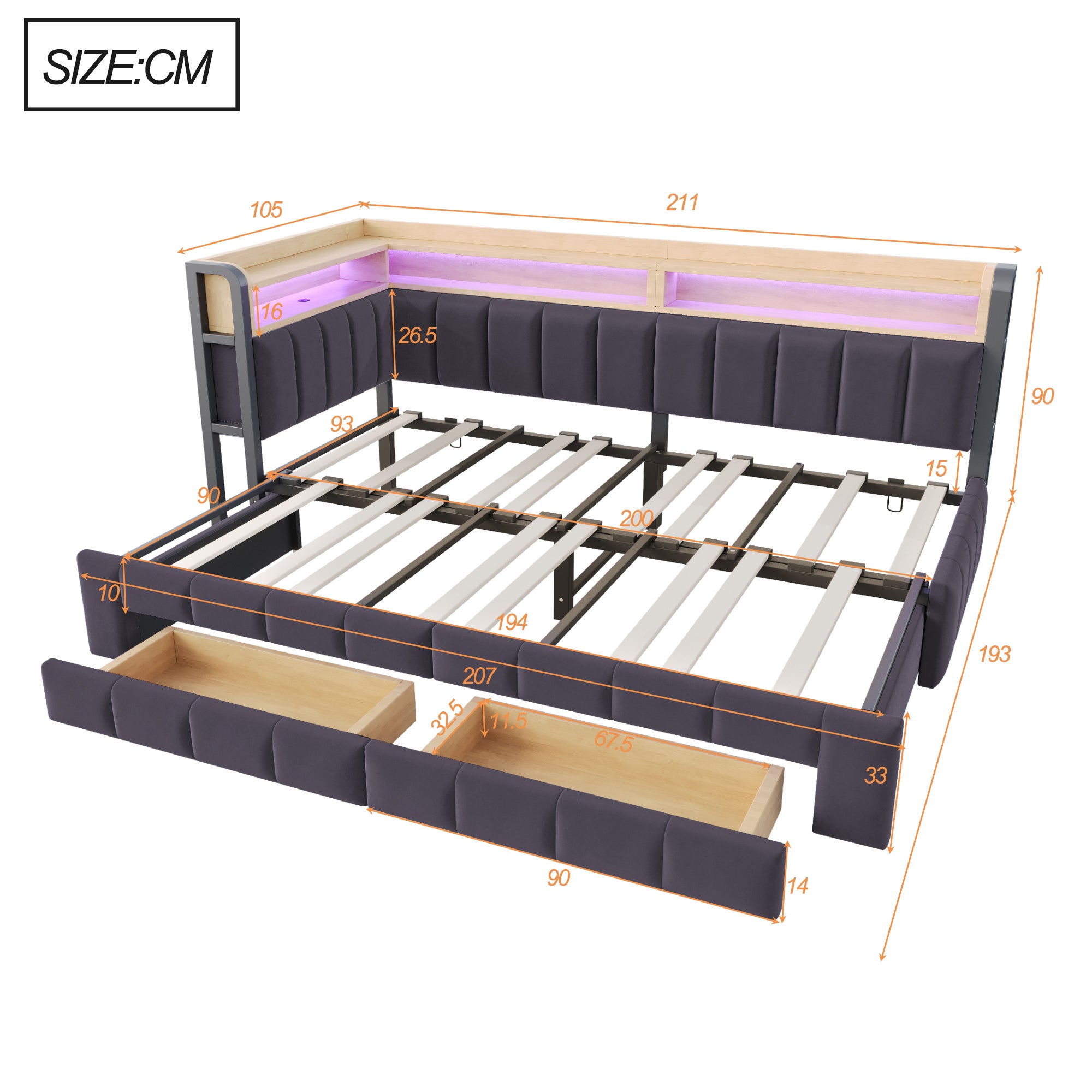 Canapé-lit 90/180×200cm avec éclairage LED et port,Lit capitonné avec lit gigogne et espace de rangement,Velours,Gris foncé (matelas non inclus) - 4