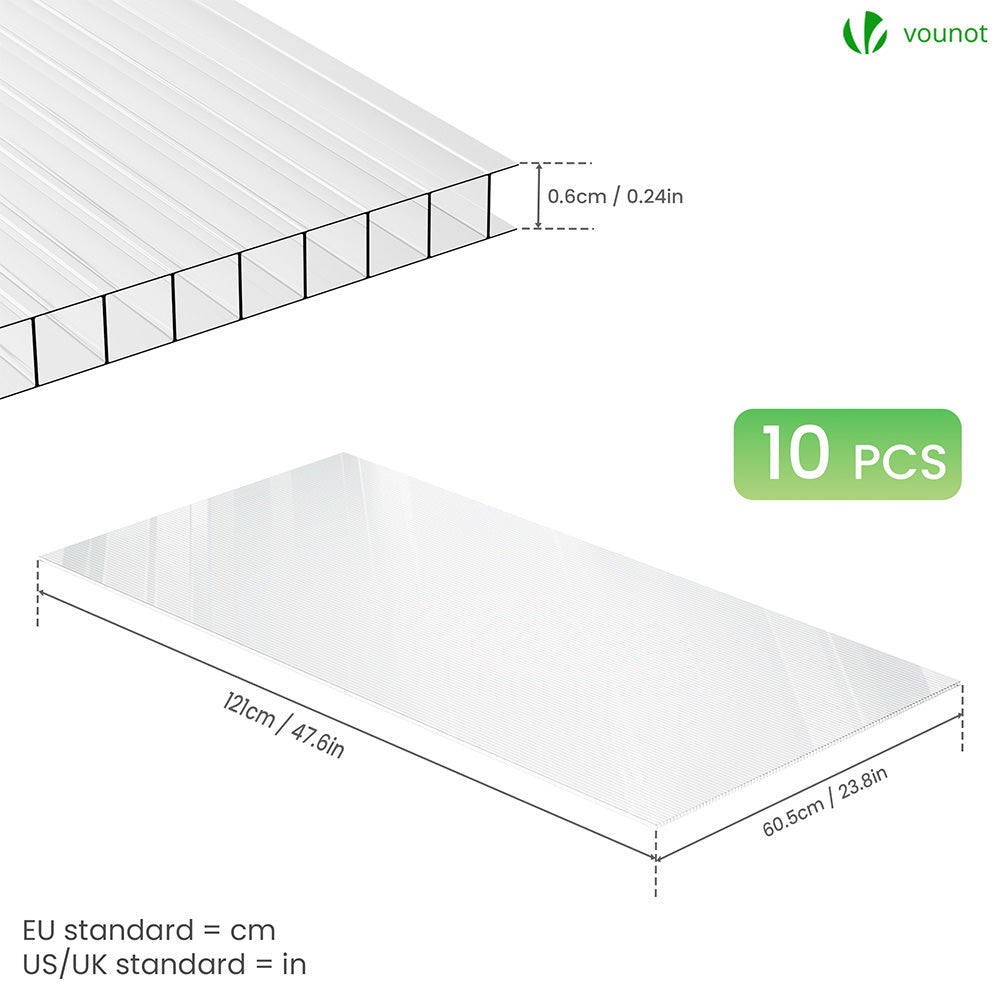 10 Plaques en polycarbonate alvéolaire 6 mm - double paroi creuse - transparent 121 x 60,5 cm - pour serre - VOUNOT® - 5