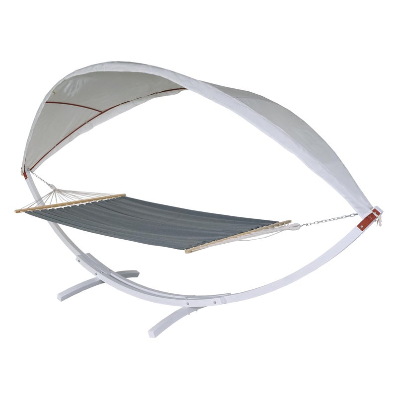 Hamak HWC-J47, huśtawka wisząca do 200kg daszek przeciwsłoneczny MVG stelaż drewniany 420cm 2 osoby ~ biały, szary