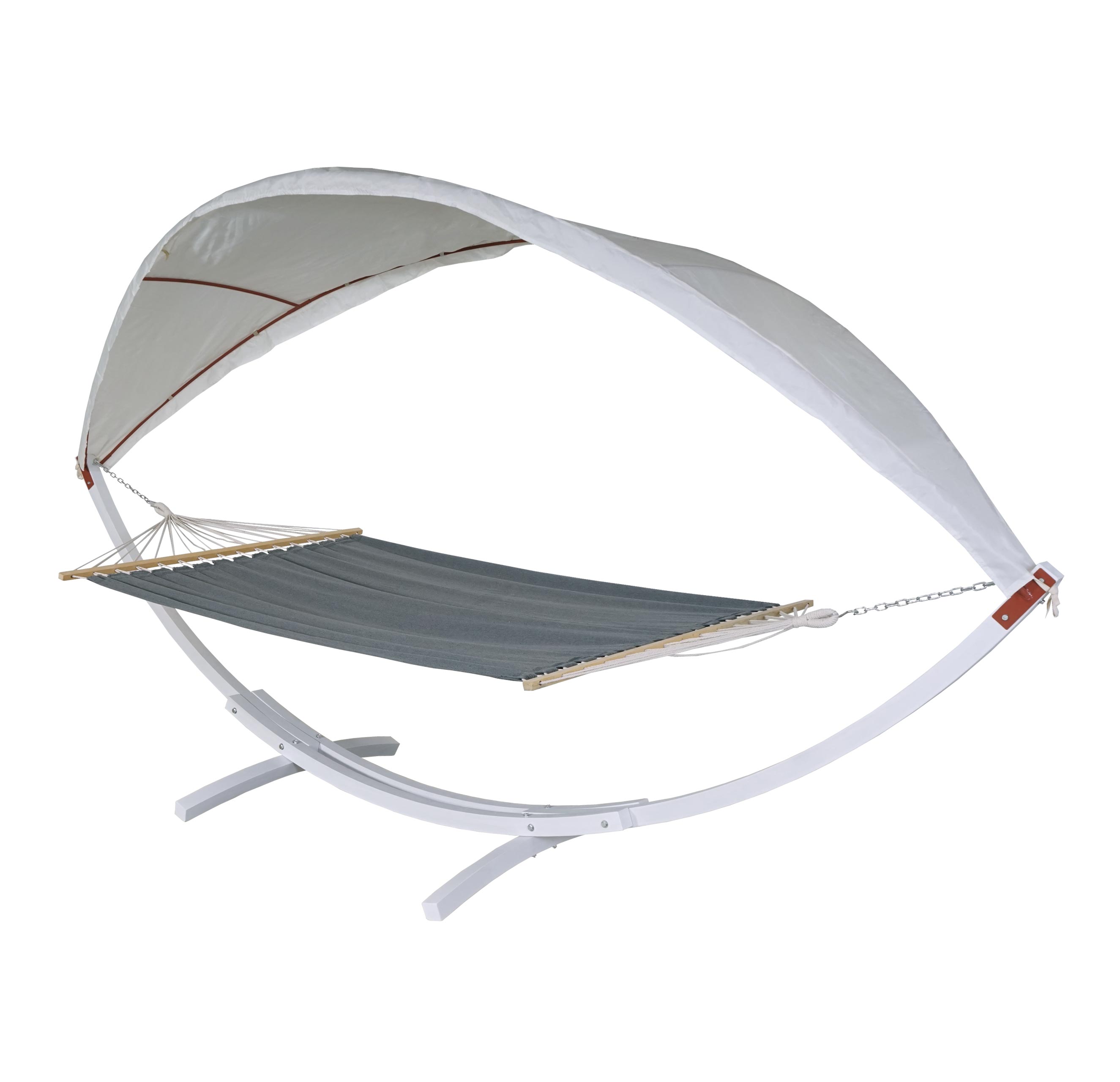 Hamak HWC-J47, huśtawka wisząca do 200 kg, daszek przeciwsłoneczny MVG, drewniana rama 420 cm, 2 osoby ~ biały, szary