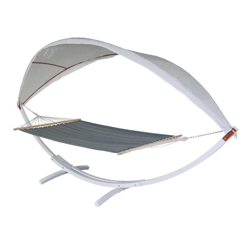 Hamak HWC-J47, huśtawka wisząca do 200 kg, daszek przeciwsłoneczny MVG, drewniana rama 420 cm, 2 osoby ~ biały, szary