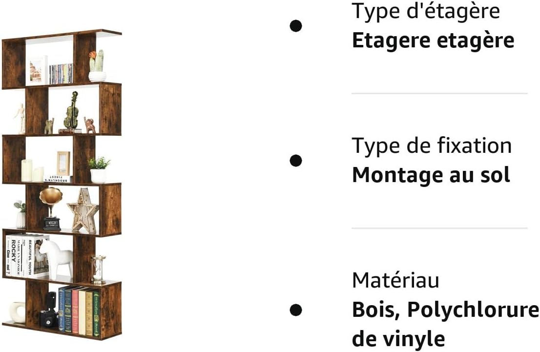 Bibliothèque en Forme S, 80 x 23 x 191 cm Étagère de Rangement à 6 Niveaux, Style Moderne Industriel avec Dispositif Anti-Basculemen, Café - 9