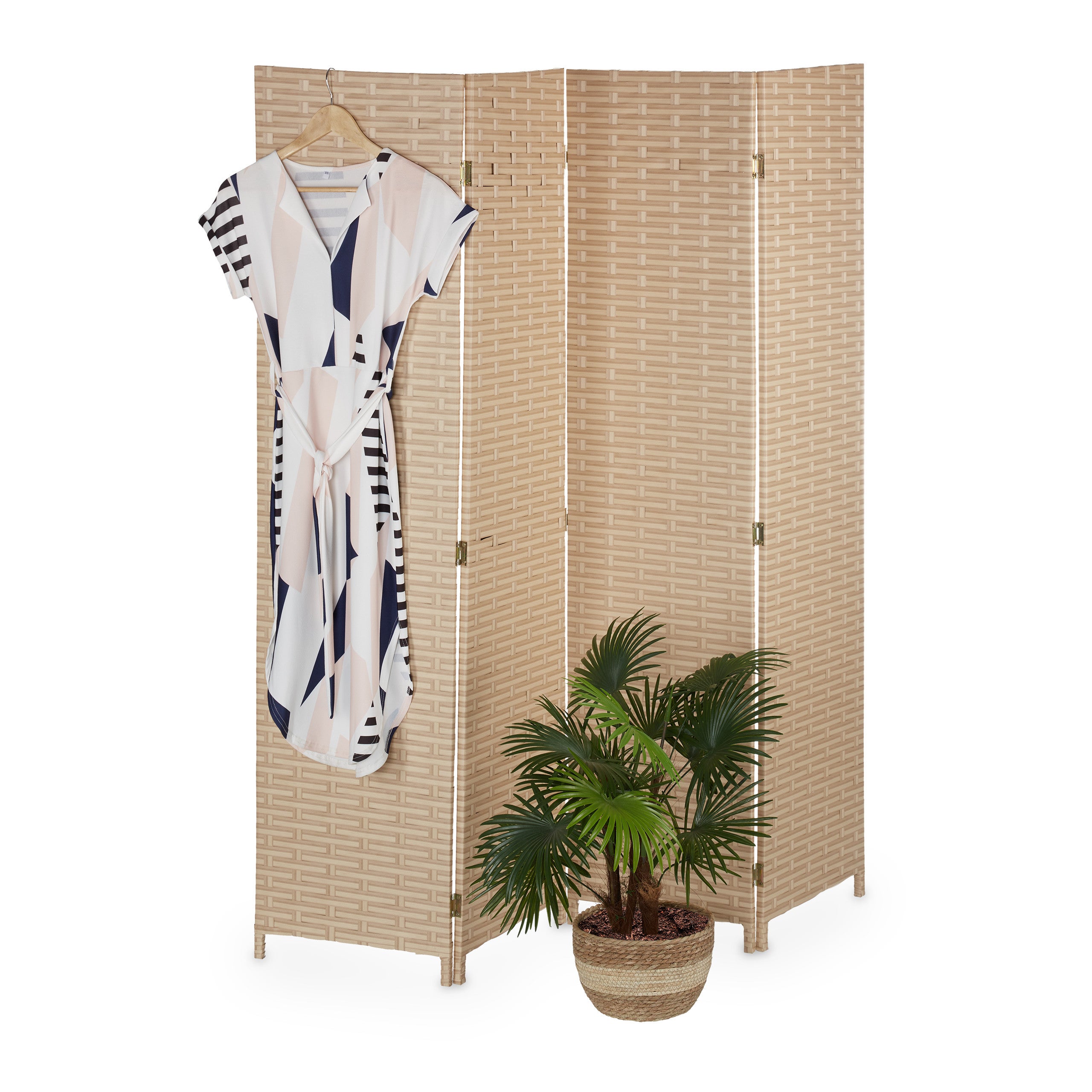 Relaxdays biombo 4 paneles 170x160 cm, separador ambientes plegable, plástico y madera, tabique interior, marrón claro