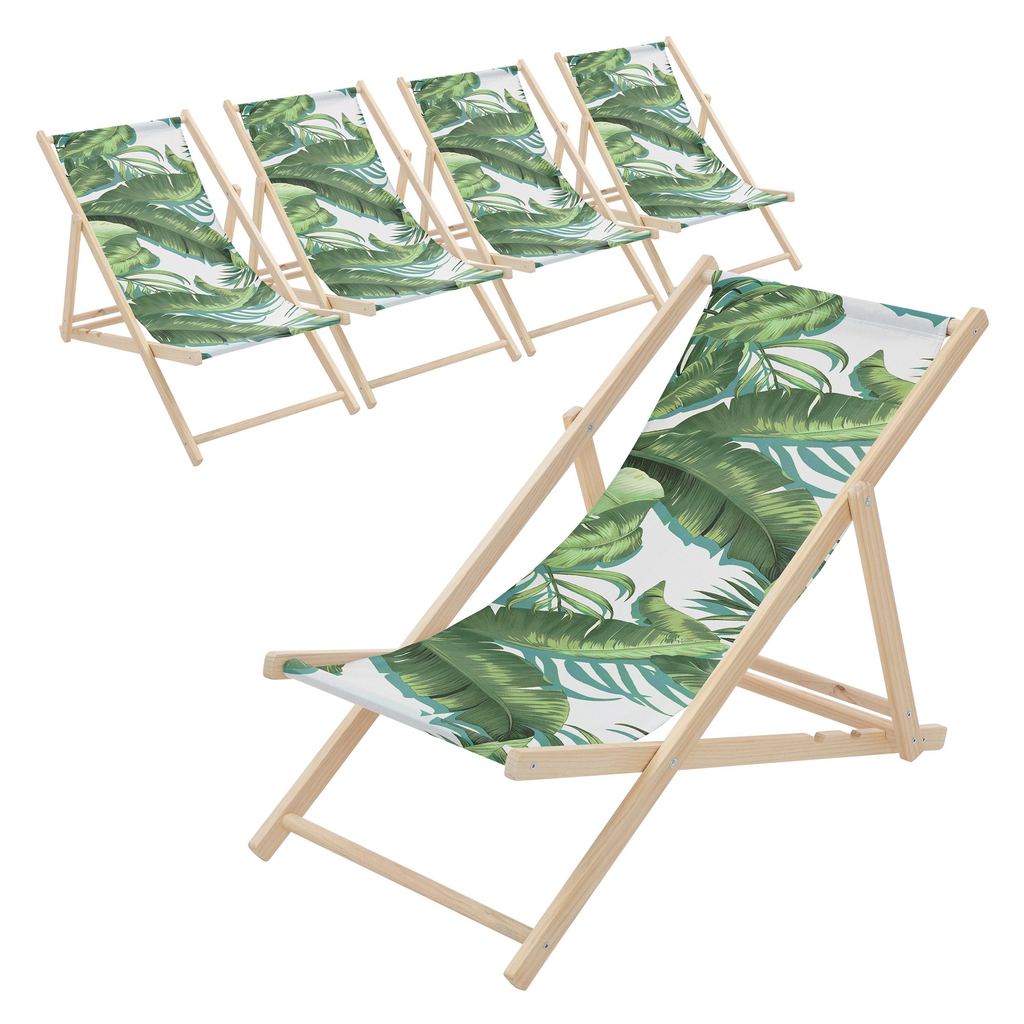 ECD Germany 5x lezak plażowy tropical zielono biały drewniany 3-pozycyjny do 120 kg krzesło relaksacyjne balkon taras ogród komfortowy stabilny