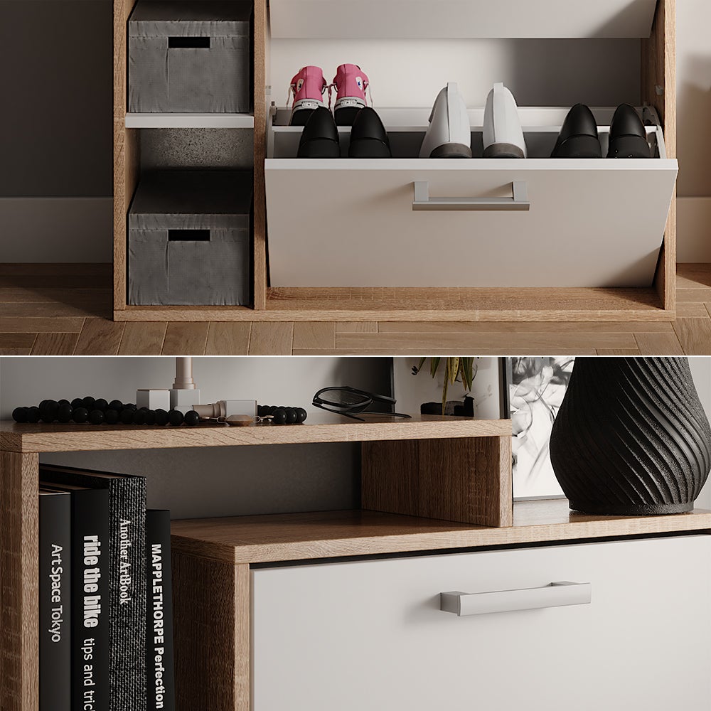 Vicco Basculeur à chaussures Orlando, Blanc/Sonoma, 80x128.3cm avec 3 compartiments - 5