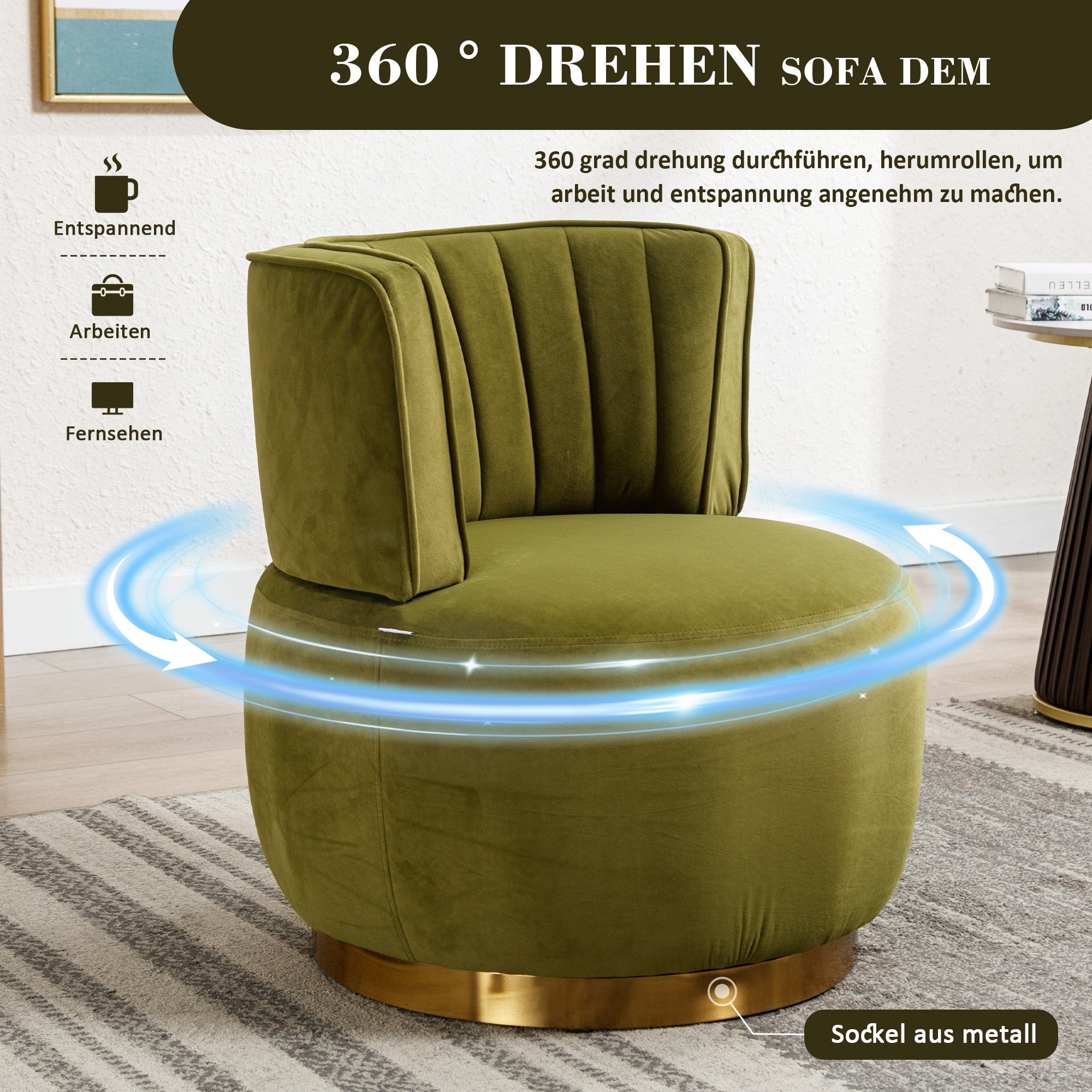 Fauteuil Pivotant 360° Velours Vert Olive - Chaise Lounge Moderne & Confortable - Structure Bois Robuste pour Salon & Chambre - 7