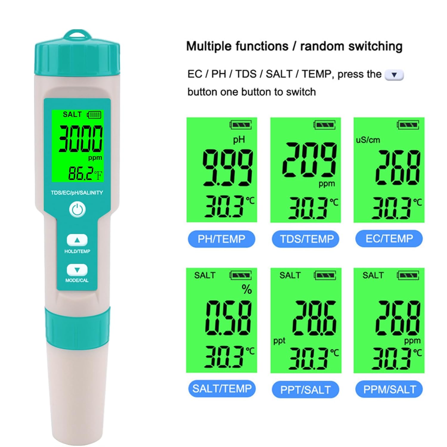 Testeur de sel de piscine - Testeur multifonctionnel 7 en 1 de salinité, de pH, de TDS, d'ORP, d'EC et de température, test de salinité de piscine - 5