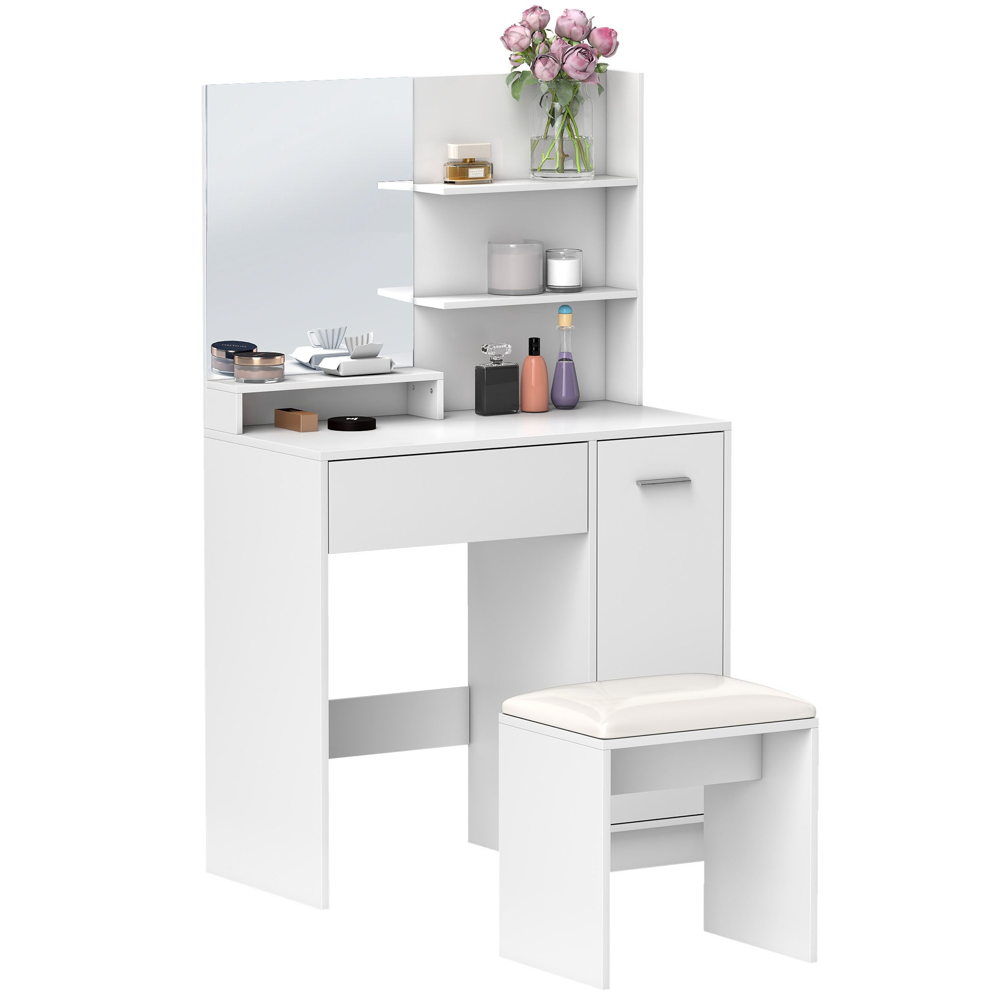 Zestaw fryzjerski z lustrem i stołkiem, szufladą, szafką z półkami regulowanymi do pokoju 80L x 40W x 132H cm, biały