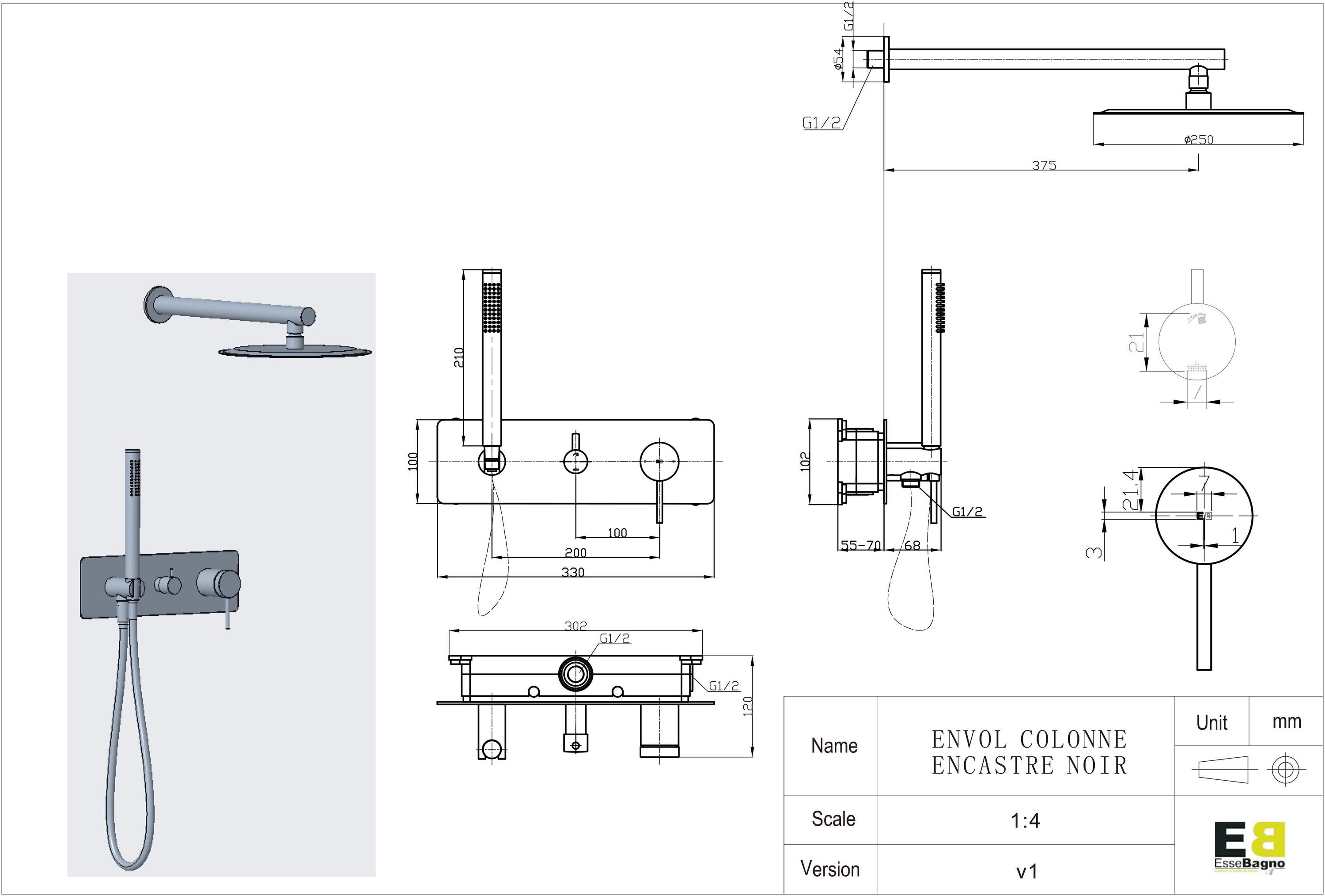 Ensemble de douche à encastrer mitigeur ESSEBAGNO noir mat rond. Pomme de douche murale 25 cm anticalcaire 2 voies - 3