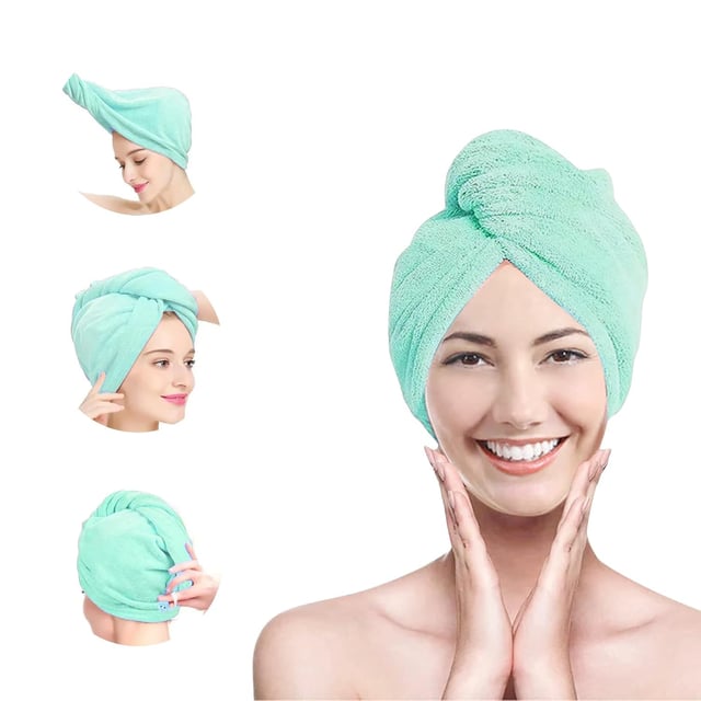 Bandeau turban en microfibre, super absorbant, séchage rapide des cheveux, design à boutons, vert, 3 pièces