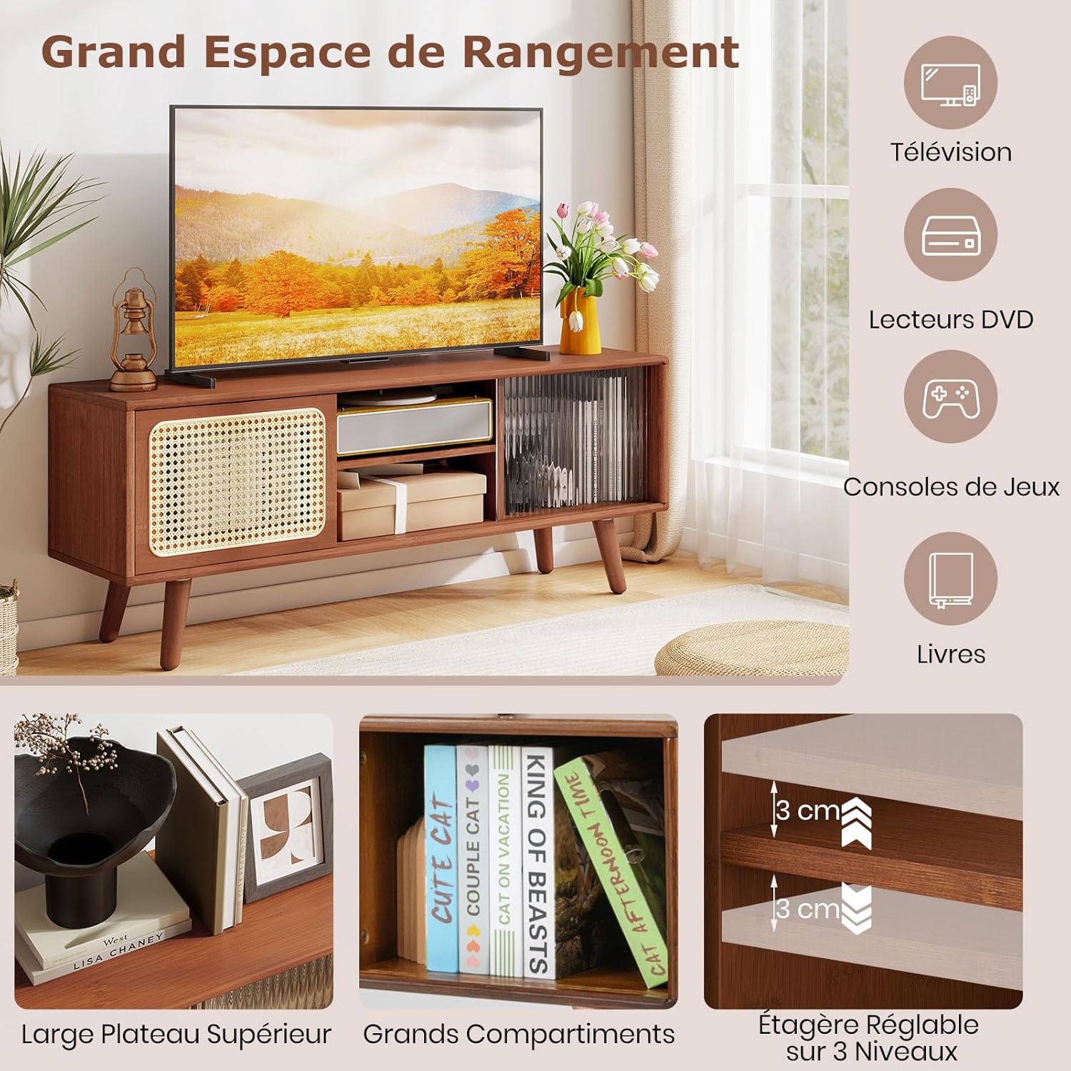 Meuble TV en Bambou avec 4 Compartiments pour TV 55