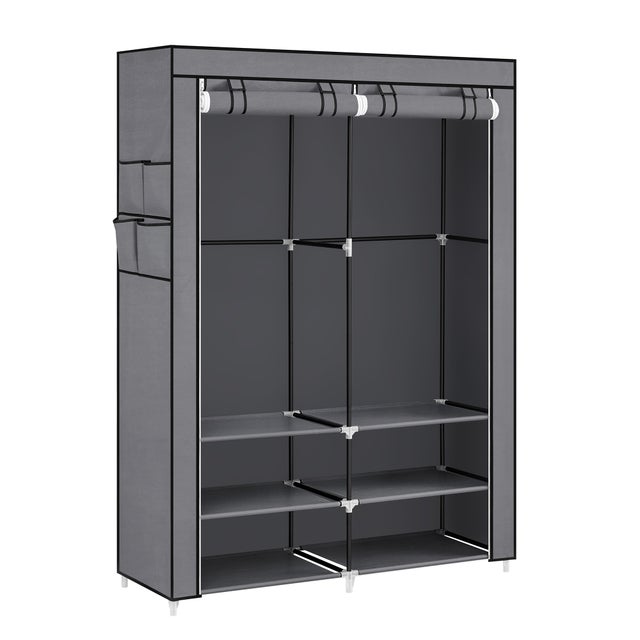Armario de Ropa, Armario de Tela Portátil, 45x127x176 cm, 2 Barras de Colgar, Estantes y 4 Bolsillos Laterales, para Dormitorio, Gris
