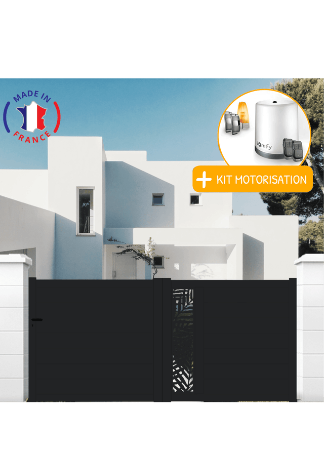 Portail aluminium coulissant découpe laser en kit + Motorisation dimensions L.4000 (entre piliers) X H.1500 mm Couleurs Noir (RAL 9005)