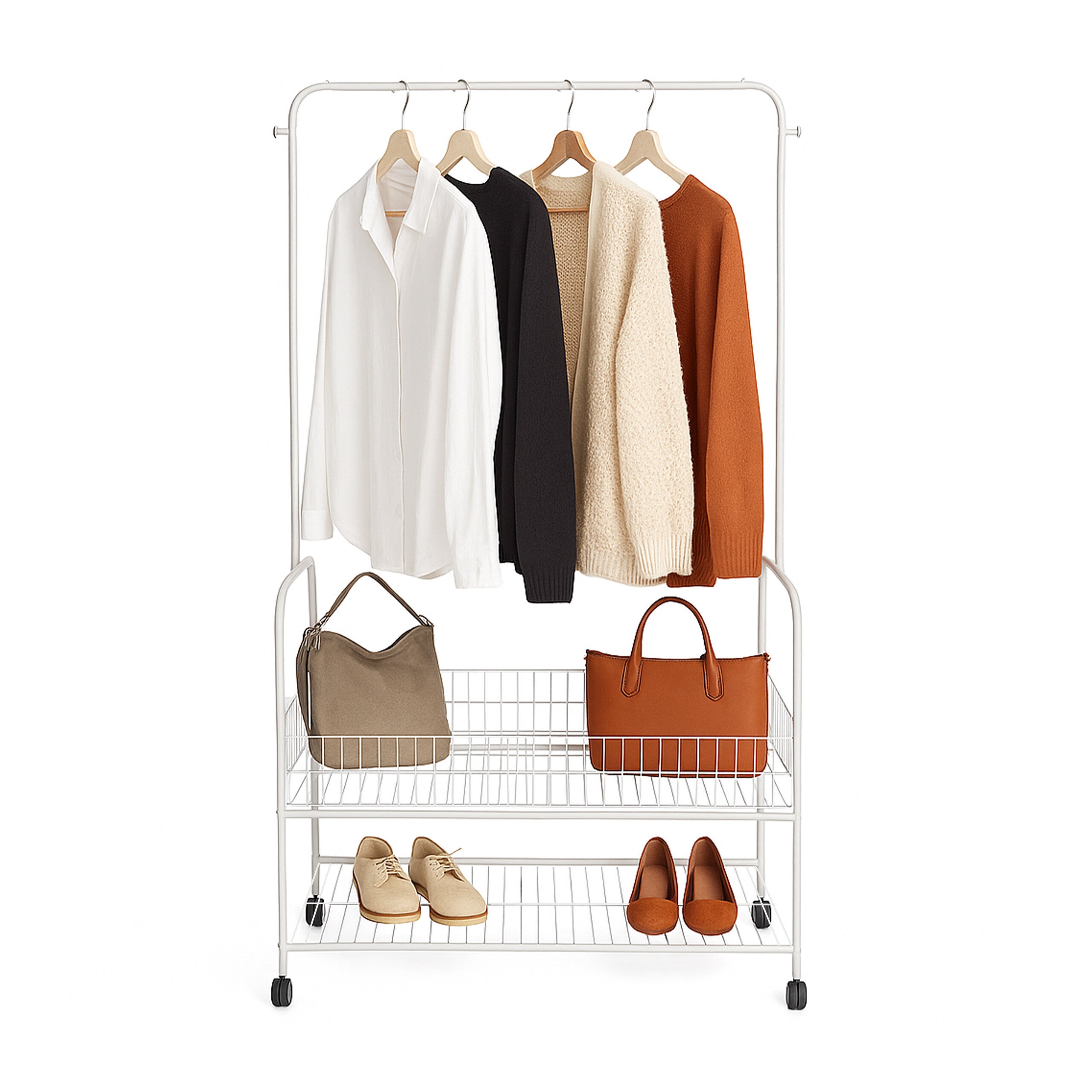 Portemanteau Sur Roulettes Relaxdays – Penderie Mobile 2 Étagères Barre Vêtements 165x90x30 Cm – Blanc – Rangement Couloir Chambre