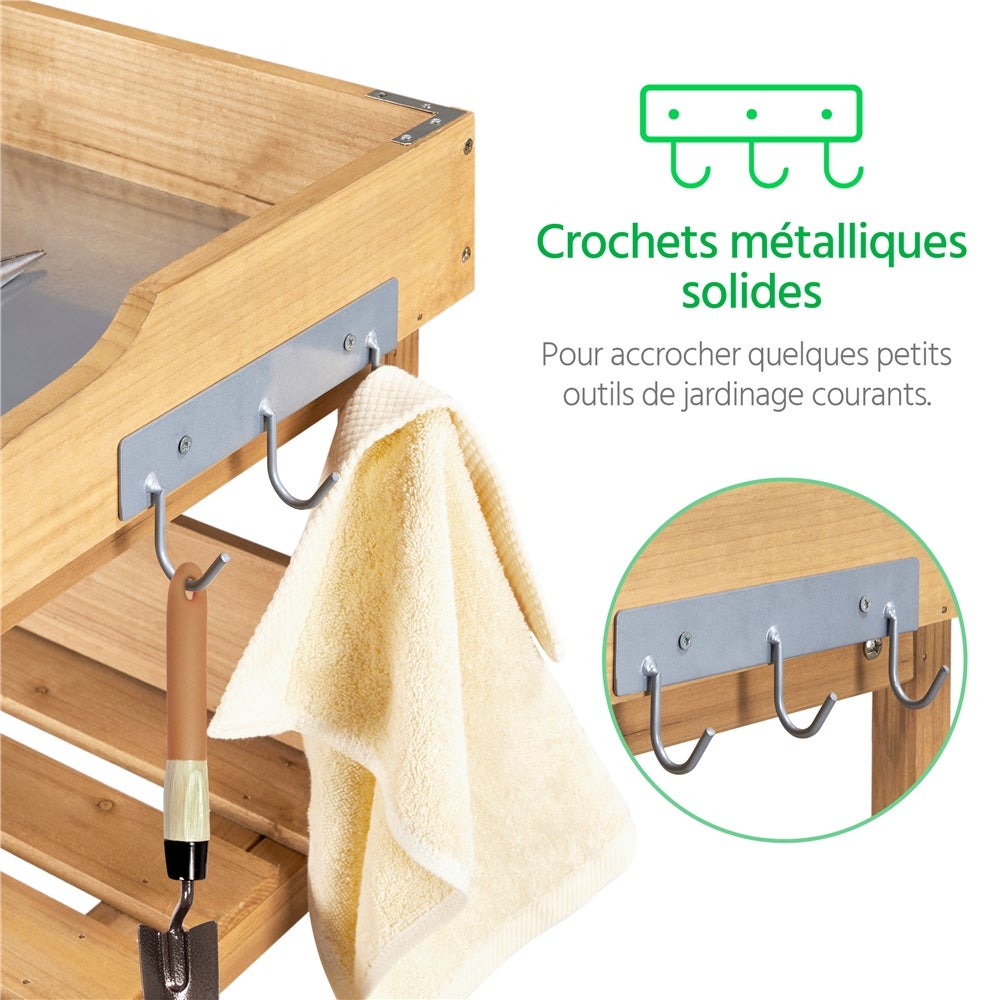 Table de Rempotage Extérieure en Bois avec Étagère de Rangement et 3 Crochets Latérales, Couleur Bois Yaheetech - 7