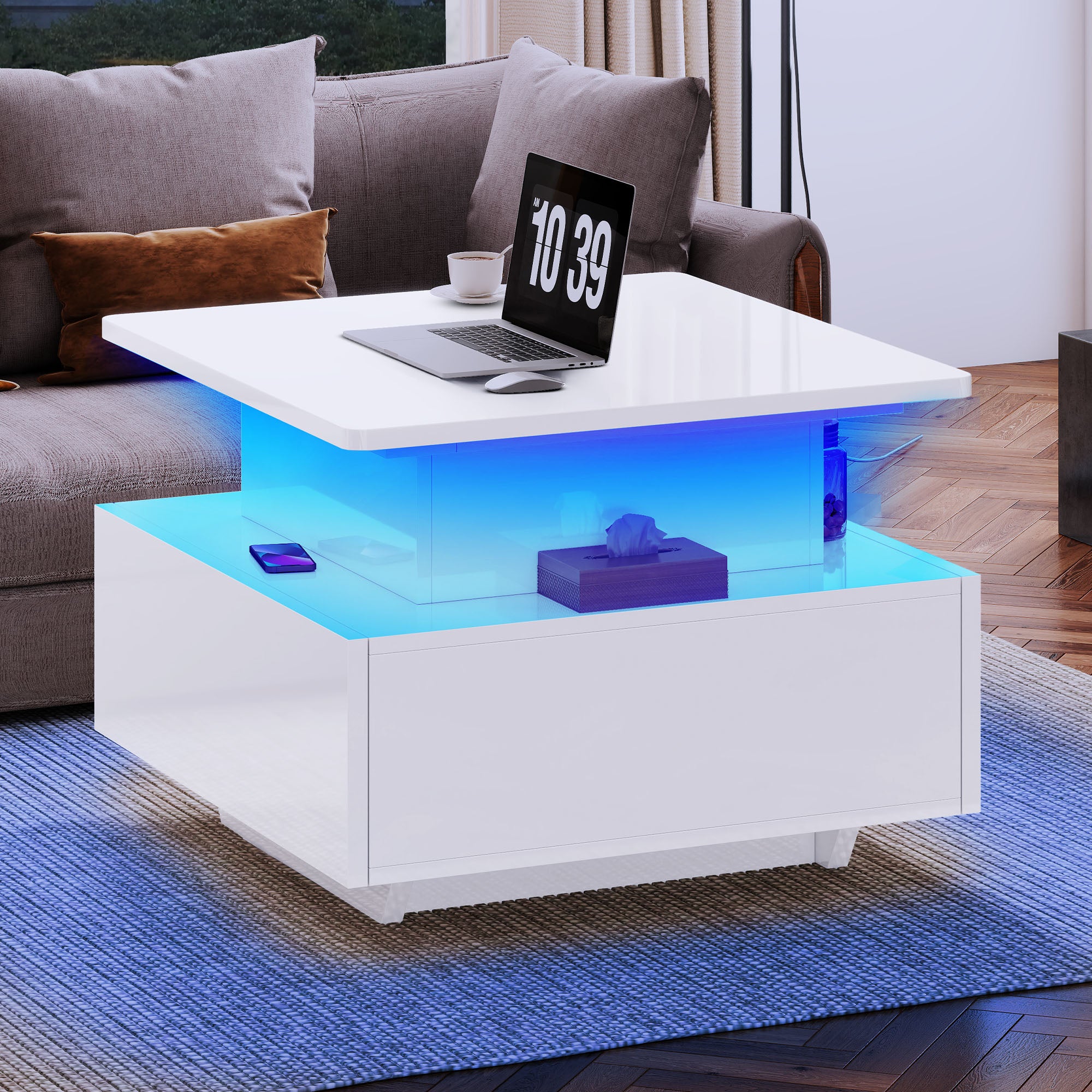 Balconera Table basse avec plateau relevable, 60 x 60 x 45 cm, finition laquée brillante, guirlande lumineuse LED et 2 tiroirs - 6