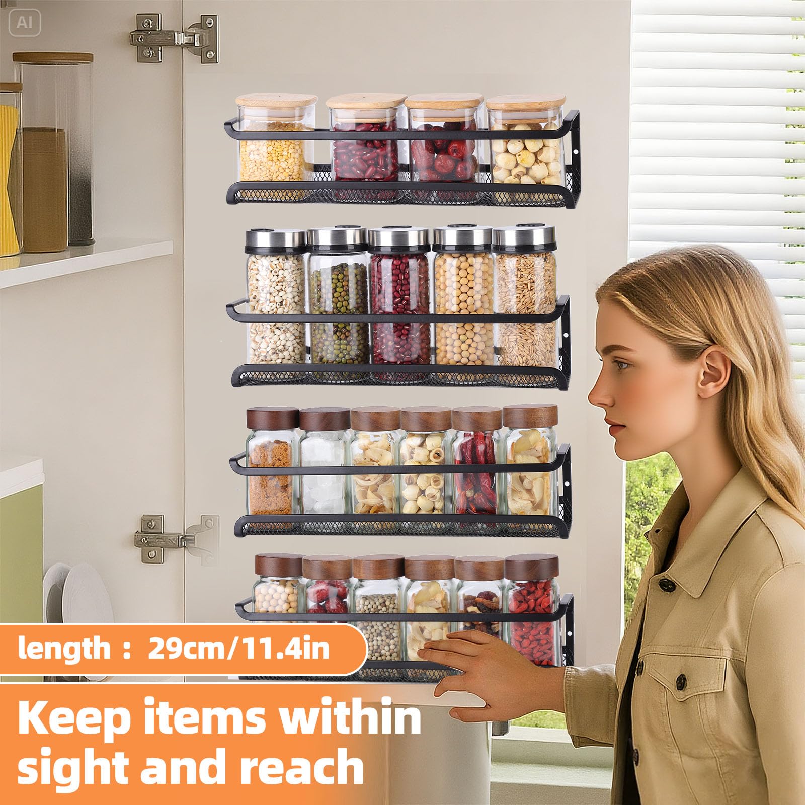 Étagère à épices murale, 4 étagères à épices en métal, sans perçage, à suspendre, pour mur ou porte de placard de cuisine - 3