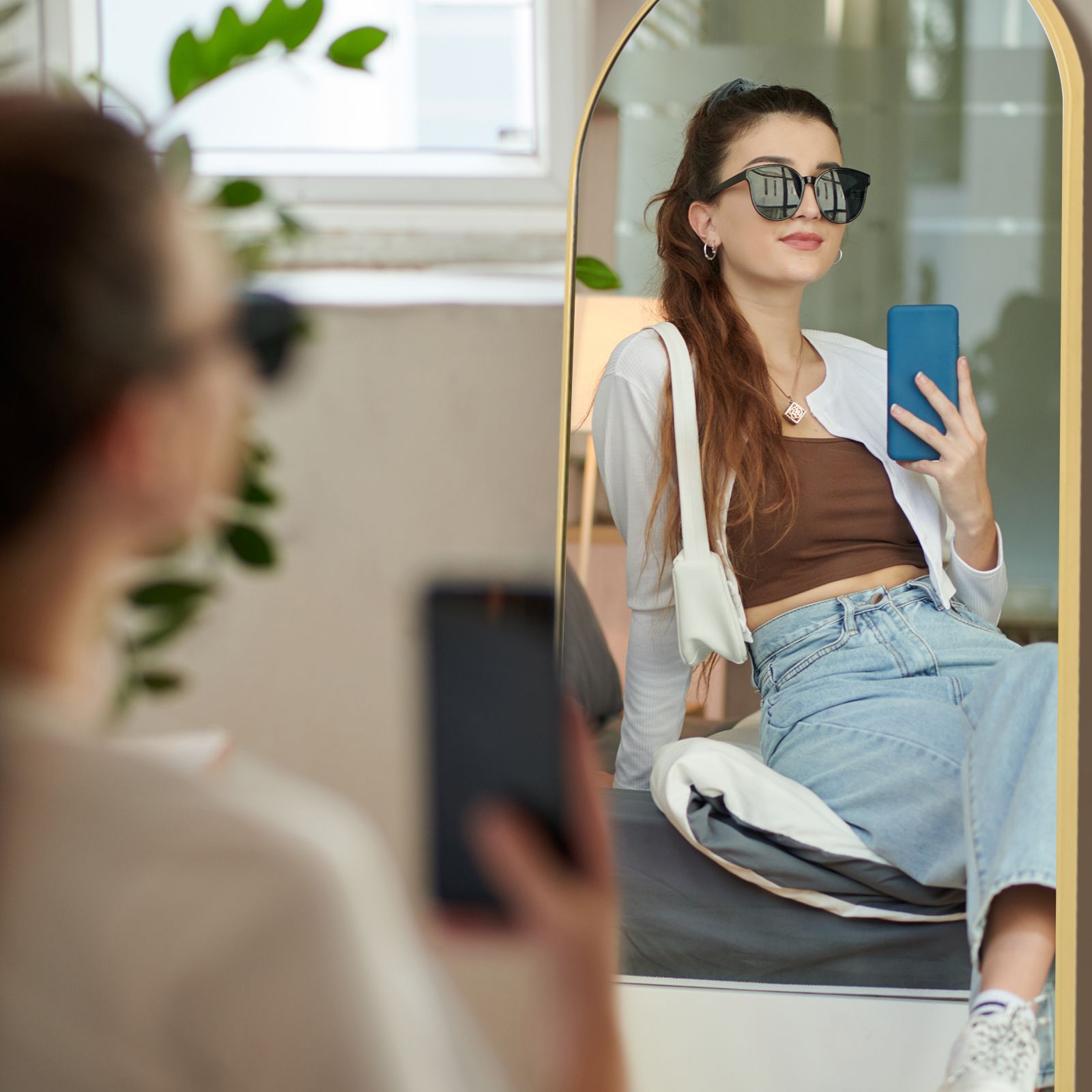 Espelho de corpo inteiro curvo 161 x 52 cm, grande espelho de pé e de parede, ideal para quarto, sala, corredor e entrada, moldura dourada - 5