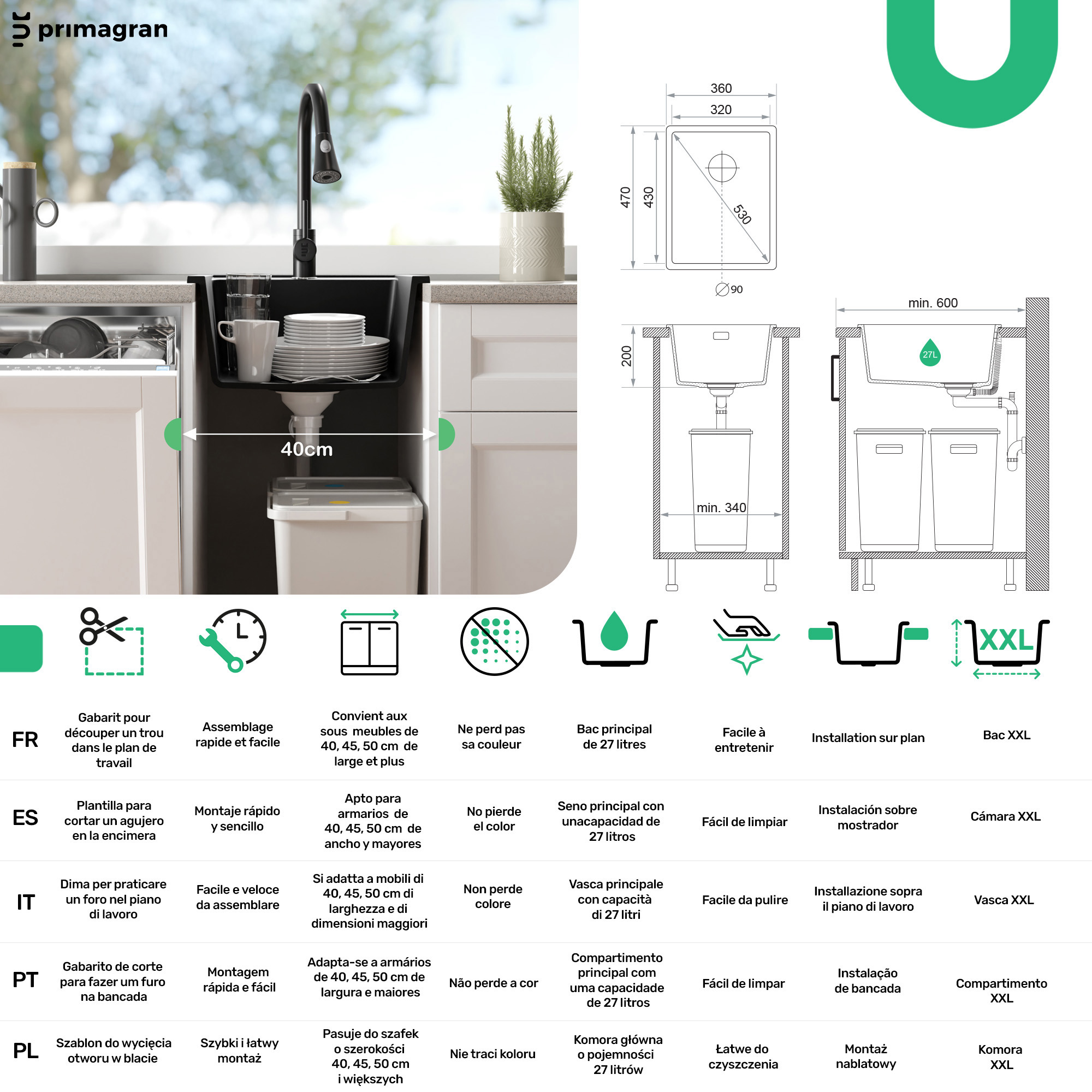 Lavandino da Cucina Nero 36x47cm, Lavello in Granito a 1 vasca + Sifone Classico + Accessori, Lavabo da Cucina Incasso al mobile 40cm PRIMAGRAN - 6