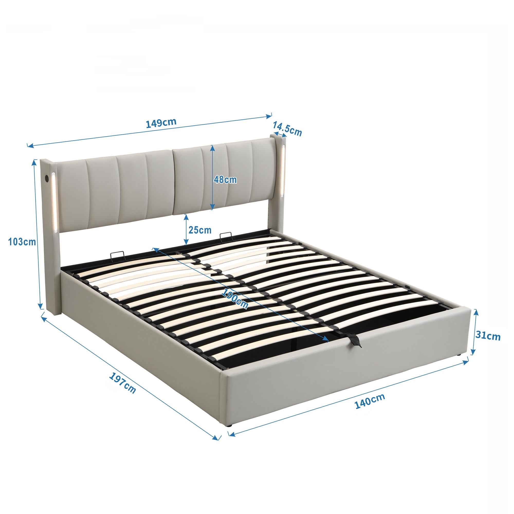 Lit Multifonctionnel LED avec USB Rechargeable, 140*190cm, Éclairage LED et Tête de Lit Réglable en PU Étanche, Lit Hydraulique avec Rangement - 9