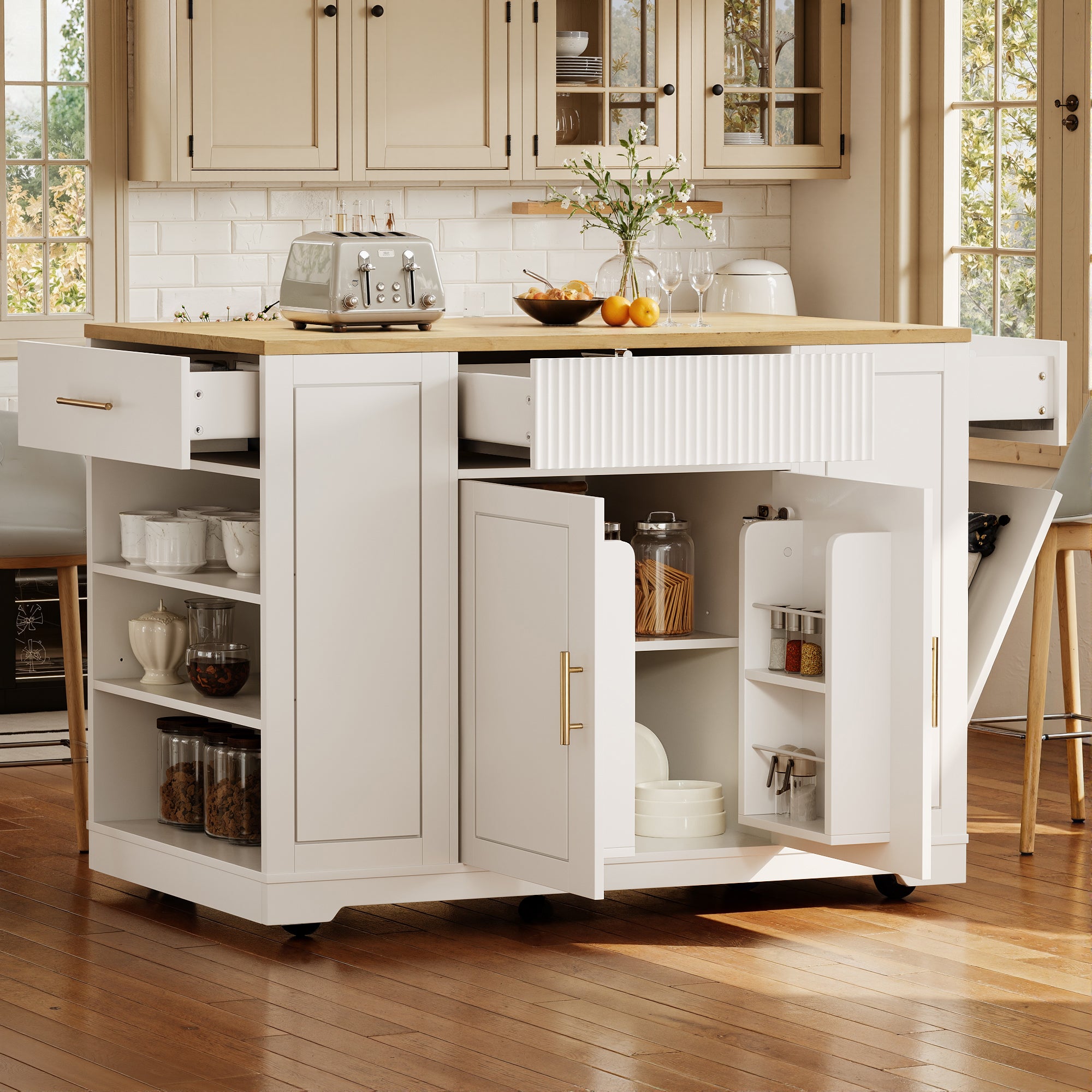 Îlot central de cuisine mobile avec 2 portes, 3 tiroirs et compartiment poubelle - 120 x 50 x 92 cm - MDF + Métal - Blanc - 2