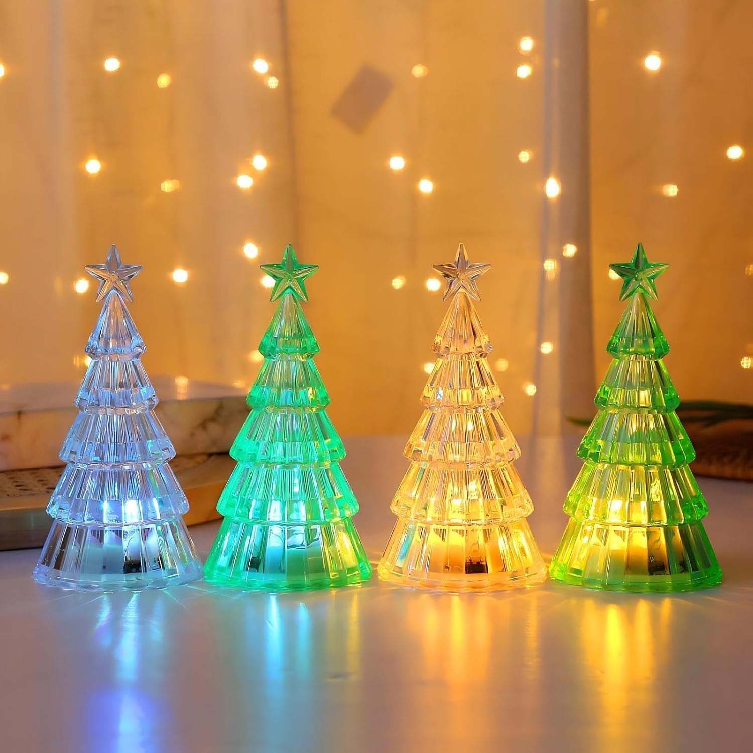 4pcs Decoraciones de Navidad Mini Árbol Cristal Luminoso, Adorno