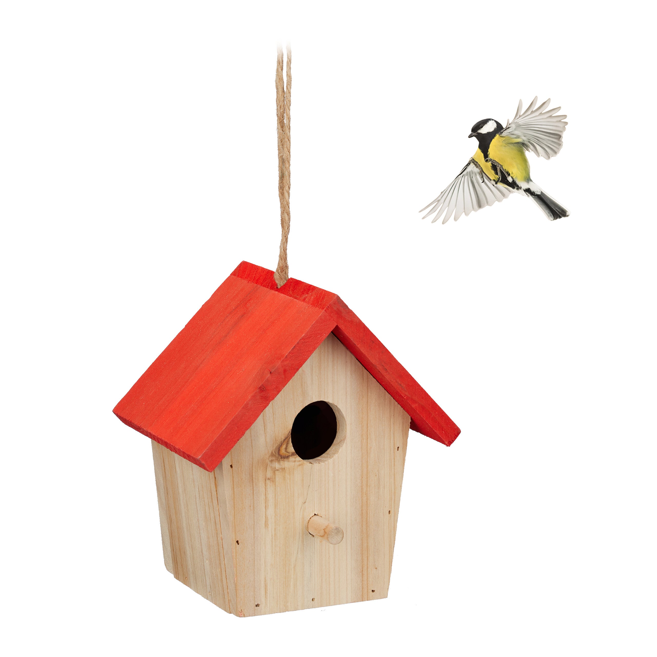 Relaxdays casa pájaros decorativa madera, pajarera colgante, 16 x 15 x 11 cm, decoración jardín, balcón, natural y rojo