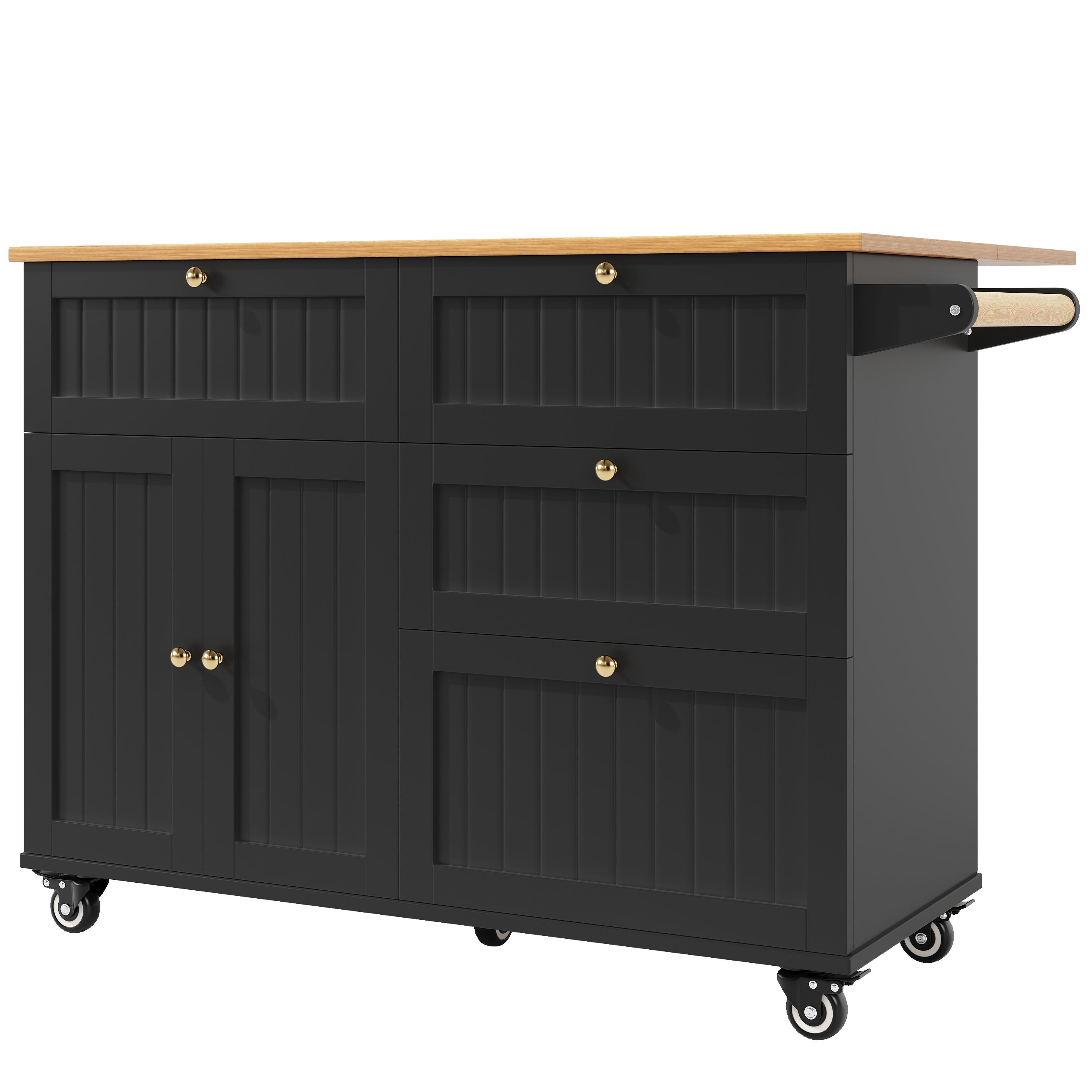 Ilot central de cuisine mobile avec 2 portes, 3 tiroirs et porte-serviette - Plateau extensible - 120.8x37.3/70x88cm - MDF - Noir + naturel - 7