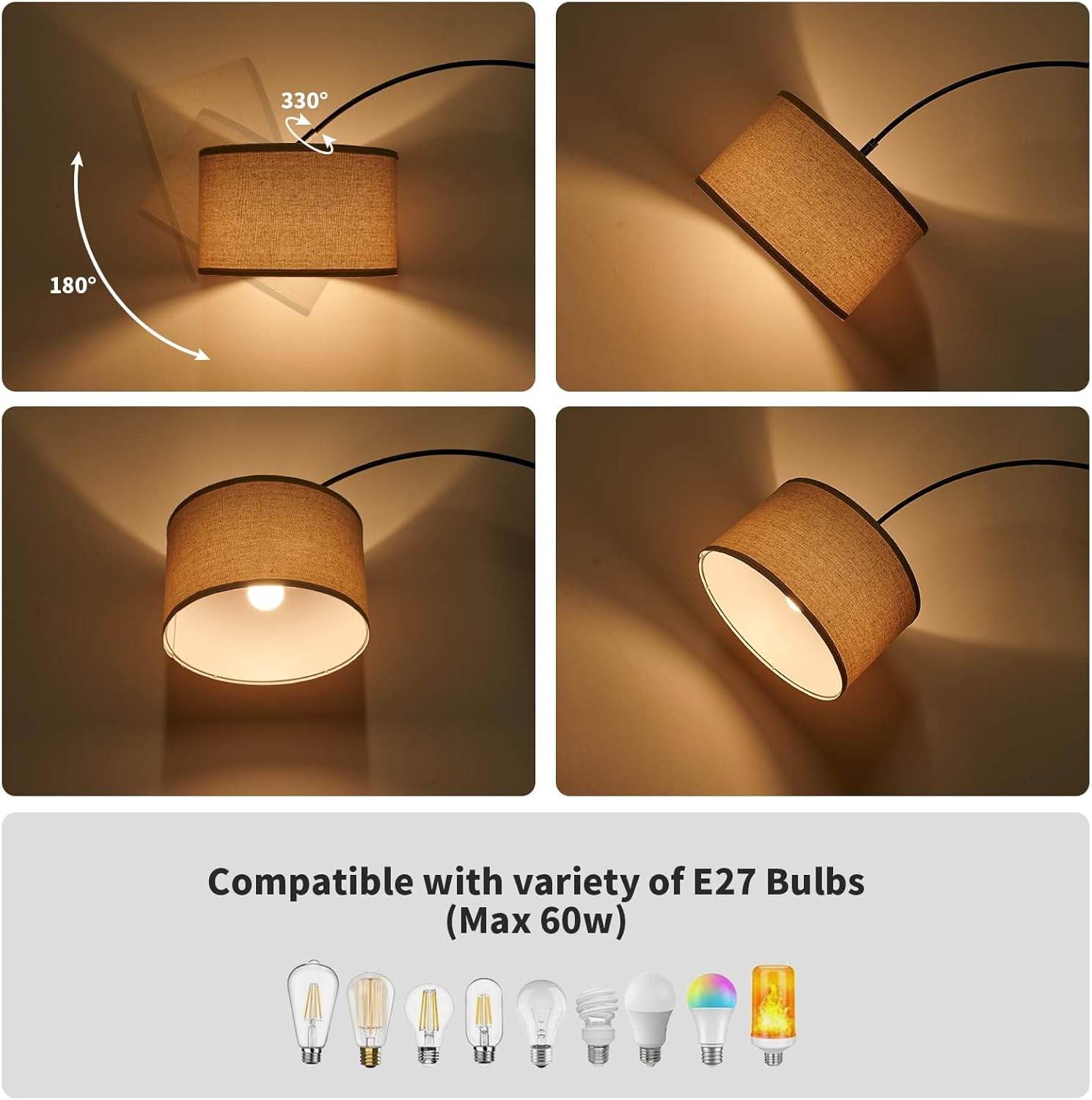 Modlicht Lampadaire Arc 165-180 cm, Ampoule LED E27 9W 3000K Incluse, Interrupteur au Pied, Abat-Jour en Lin Beige, Pour Salon, Chambre, Bureau - 3