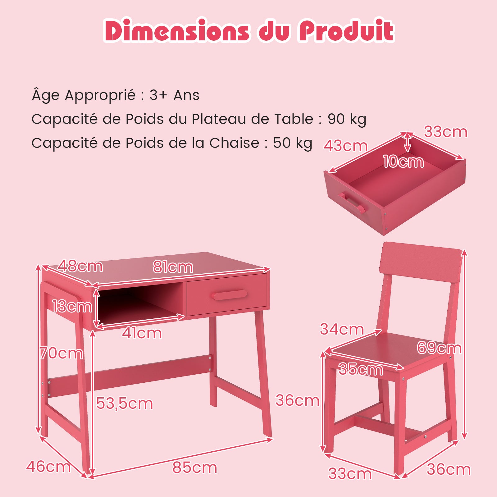 Biurko dla Dzieci Powyżej 3 Lat, Stolik dla Dzieci z Ergonomicznym Krzesłem, Biurko dla Dzieci z Sosny z Miejscem, Nośność 75/55 kg (Różowy) - 3