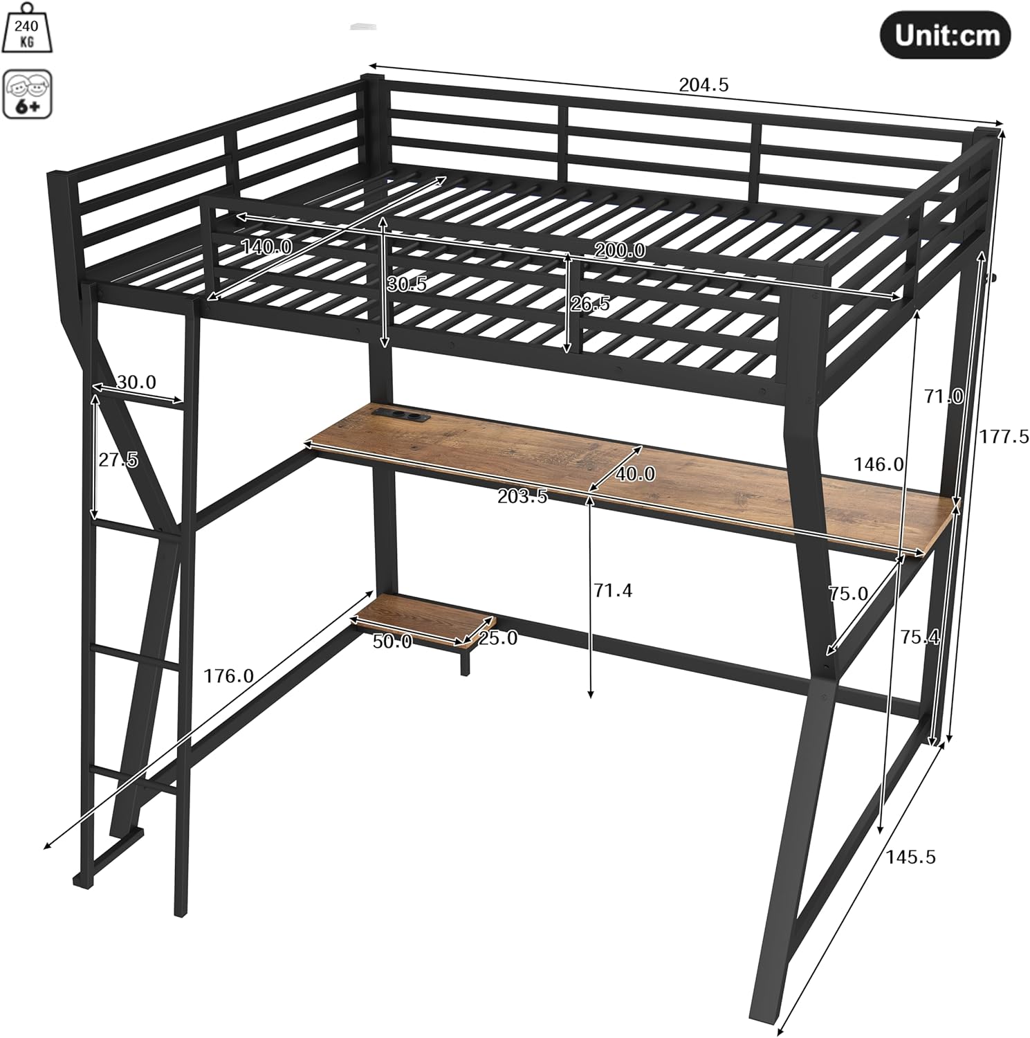 Lit mezzanine 140 x 200 cm avec éclairage LED, pour adultes et adolescents, avec Bureau, Étagre PC, Prises USB/Électriques Noir - 6
