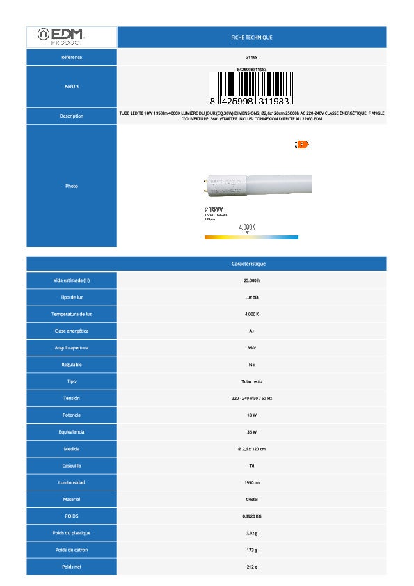Tubo LED T8 120cm 18W 1500lm - Bianco naturale 4000K - 5