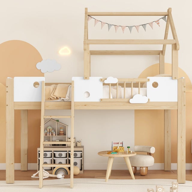Letto a soppalco per bambini, 90 x 200 cm, con sponde di sicurezza e ringhiera, scaletta a tre gradini, bianco + colore naturale