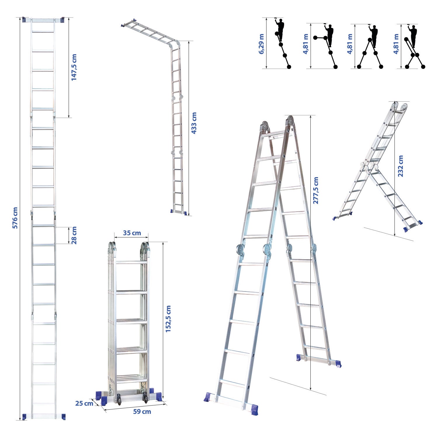 HOSTRÖM Echelle pliante articulée STAVALANCE4x5, 5,7m, 20 marches, multifonction, escabeau, aluminium, H travail max 6,29m, Garantie 5 ans - 5