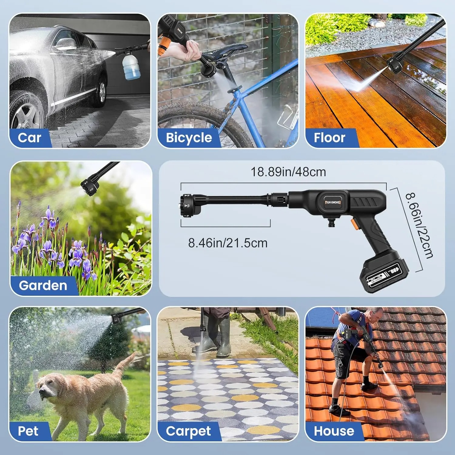 Nettoyeur Haute Pression Sans Fil 6-en-1 - 60 Bar 10L/min, Batterie 10000mAh x2, pour Voiture/Jardin (30,000 tr/min) - 4