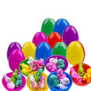 JOYIN Lot de 12 œufs de Pâques remplis avec licorne en peluche - 5,7 cm - Œufs de Pâques colorés et lumineux pré-remplis avec une variété de licornes en peluche
