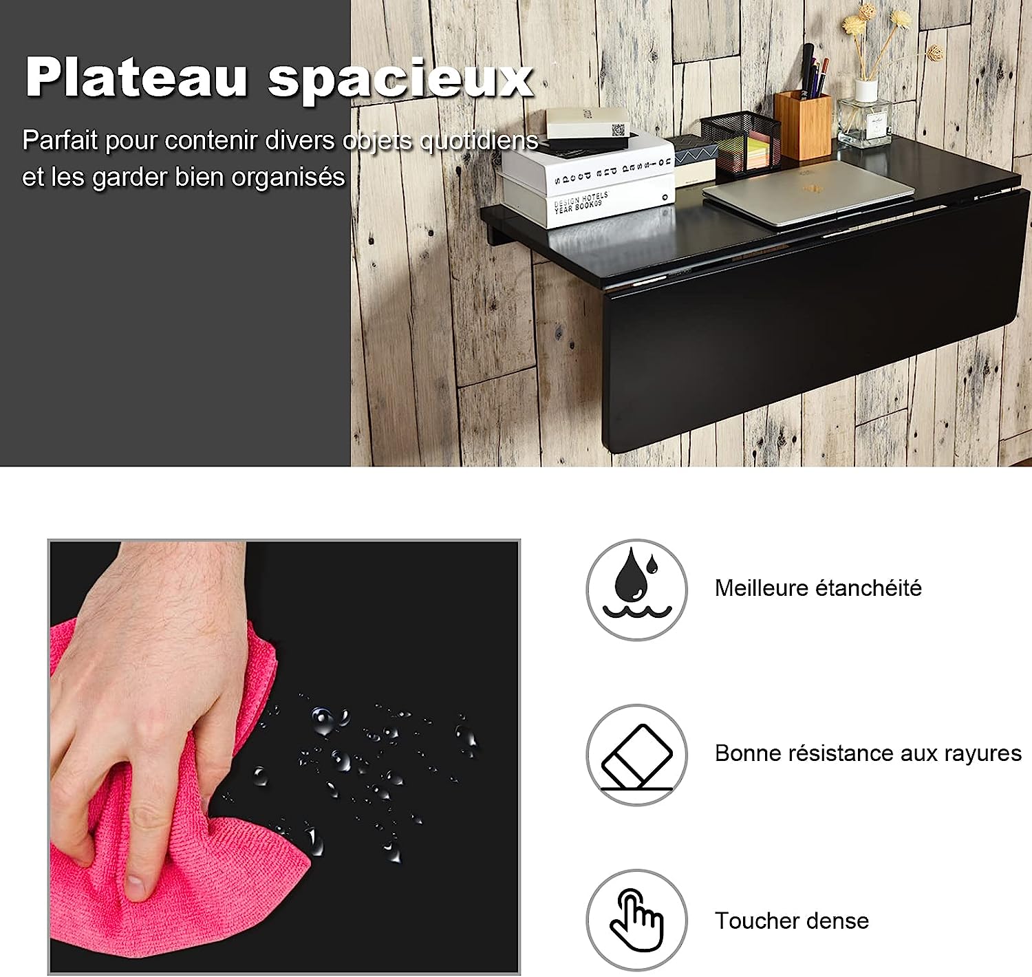 Tavolo Pieghevole a Muro, Tavolino Porta PC da Parete in Legno, Tavolo a Scomparsa Multifunzionale, Ideale per Soggiorno, Cucina e Studio, 80 - 3