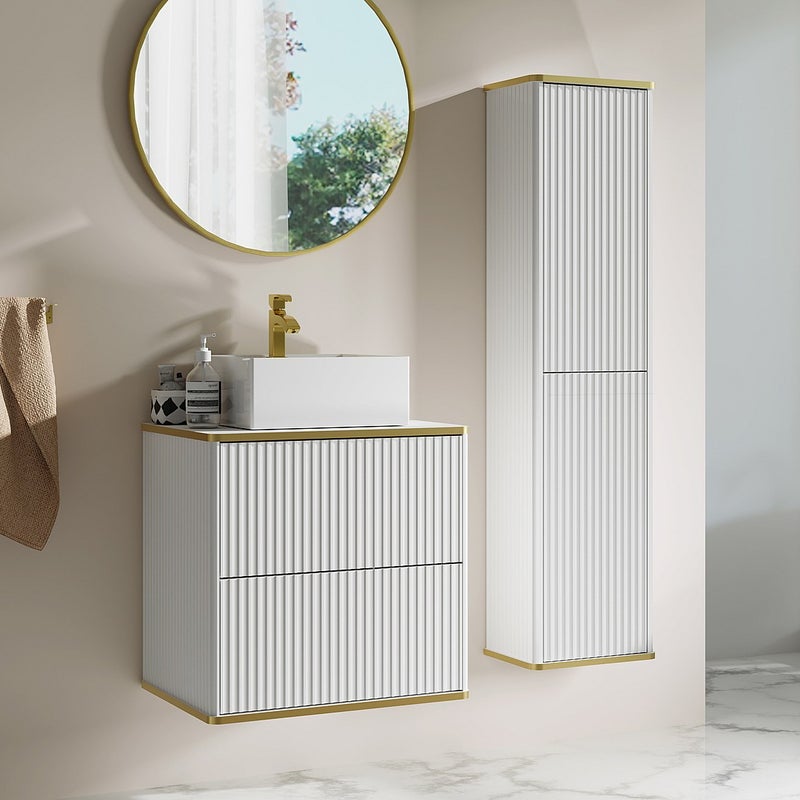 Podwieszana szafka łazienkowa prążkowana z kwadratową umywalką nablatową i słupkiem - Biała - 60 cm - KELIZA