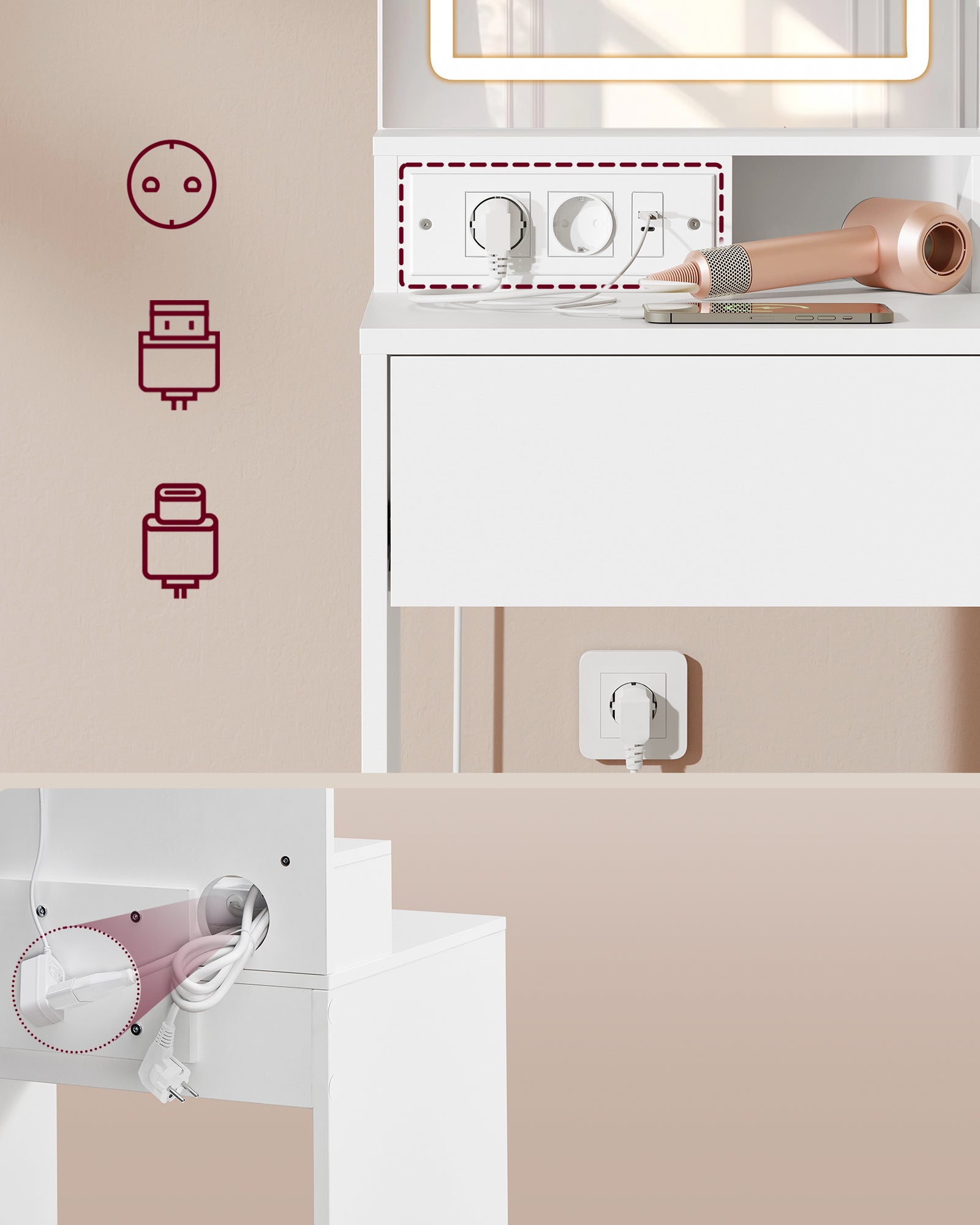 KAILYN Collection - Coiffeuse avec Miroir LED et Tabouret, avec Multiprise, Compartiment avec 2 Étagères Réglables, 1 Tiroir, 2 Étagères, Blanc - 4