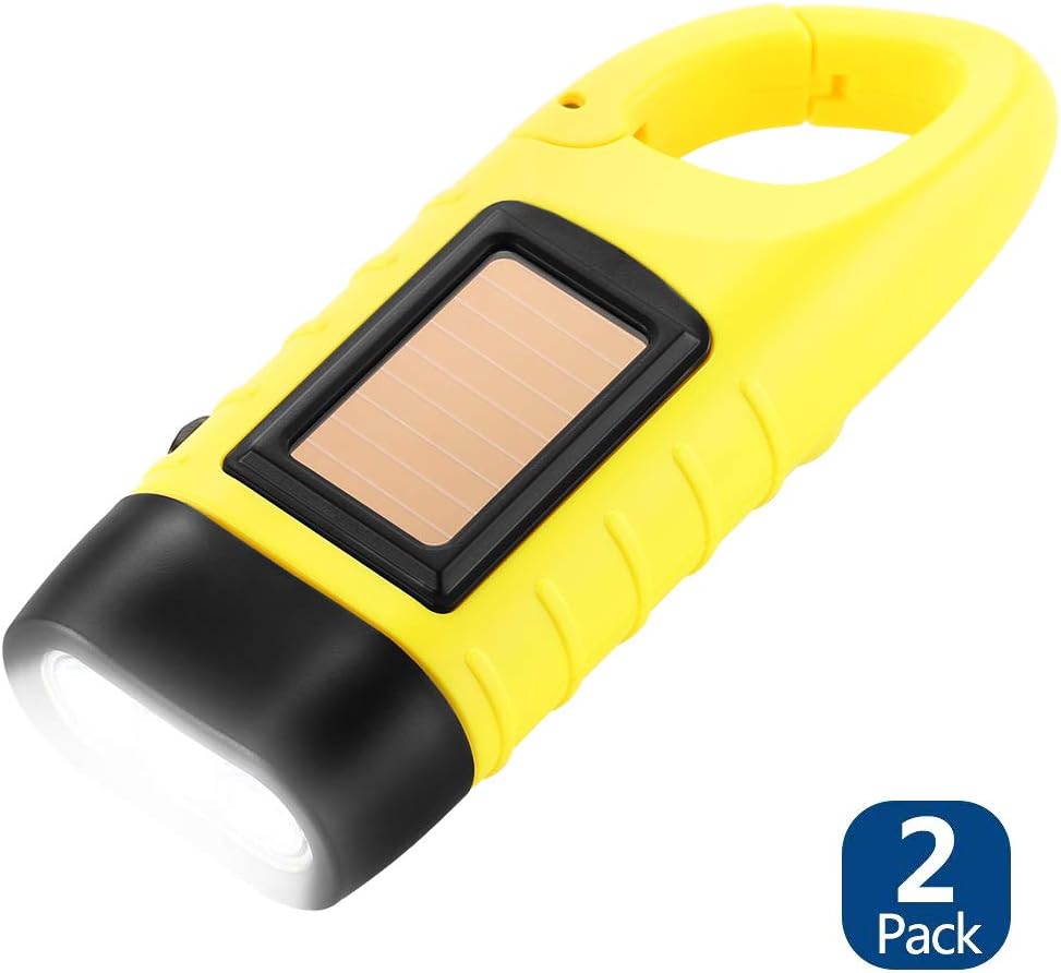 Lot de 2 lampes de poche solaires-jaune, lampe de poche rechargeable à manivelle, lumière de secours pour activités de plein air - 2