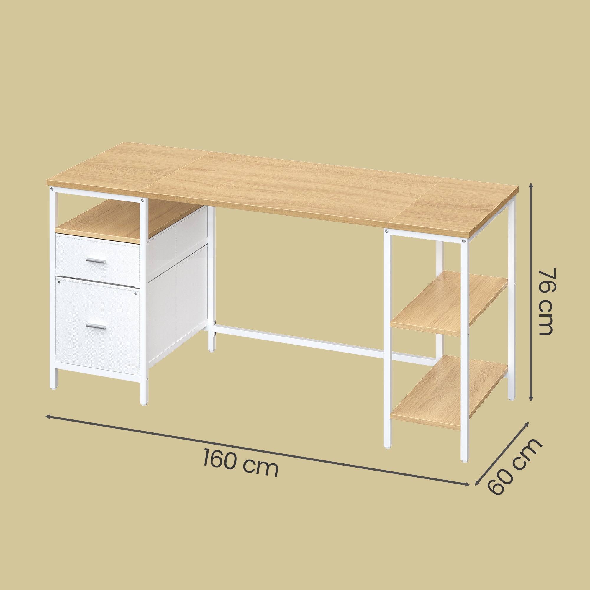 Bureau d’Ordinateur, 3 Étagères, 2 Tiroirs, 160 x 60 x 76 cm, Couleur Chêne et Blanc - 5